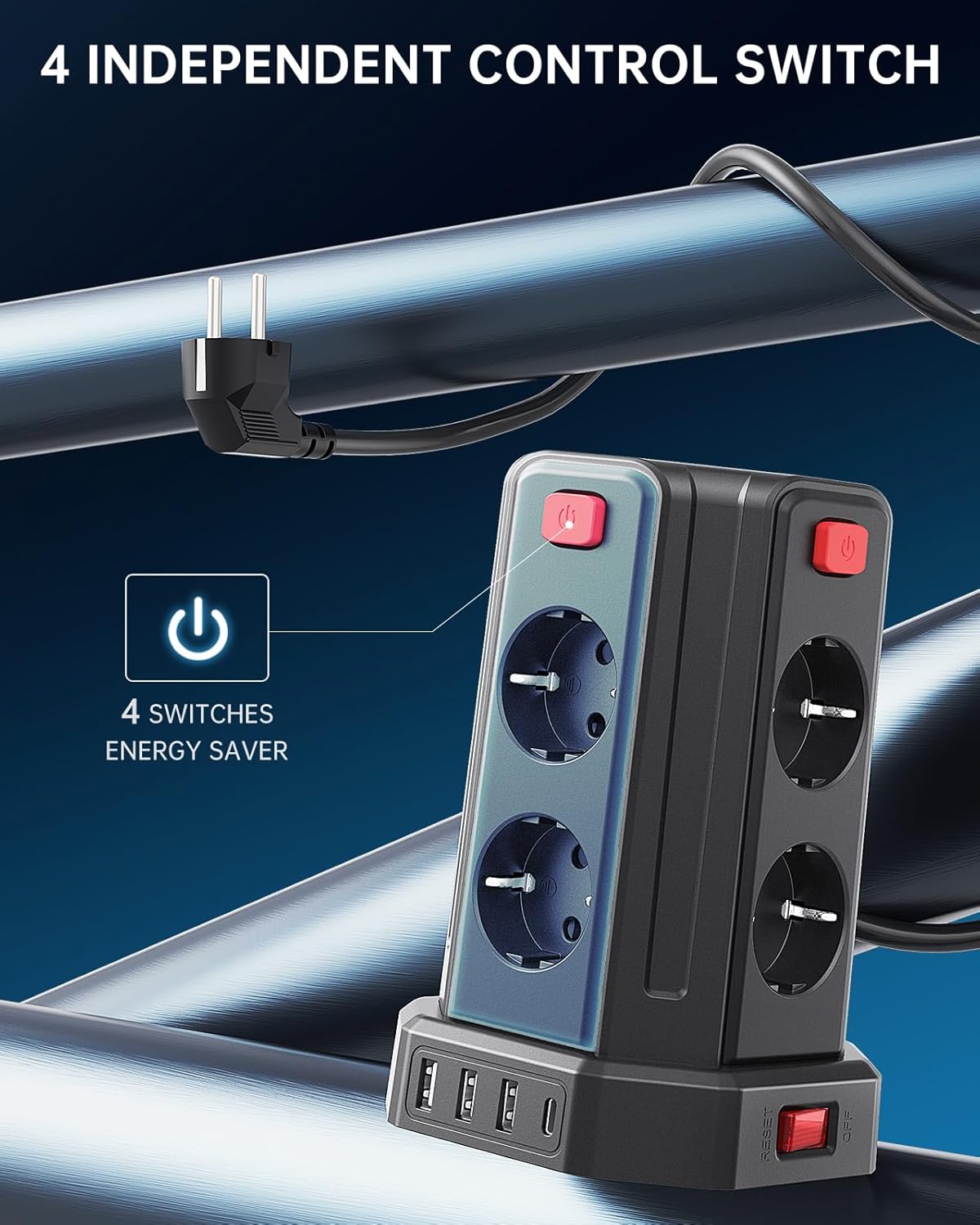 Thumbnail 1 de Sameriver 8-Fach Steckdosenleiste mit 4 USB (USB-A & USB-C) und Überspannungsschutz, 2 m Zuleitung