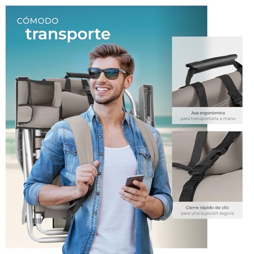Thumbnail 4 de tectake Silla Playa Plegable con Respaldo Ajustable y Función Mochila – 2 Unidades Beige