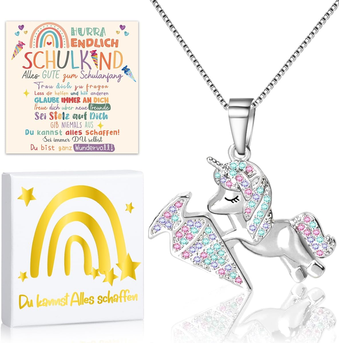 Detalle de iZoeL Einschulung Geschenk Mädchen Einhorn Halskette – Grußkarte, Geschenkbox & Schulanfang