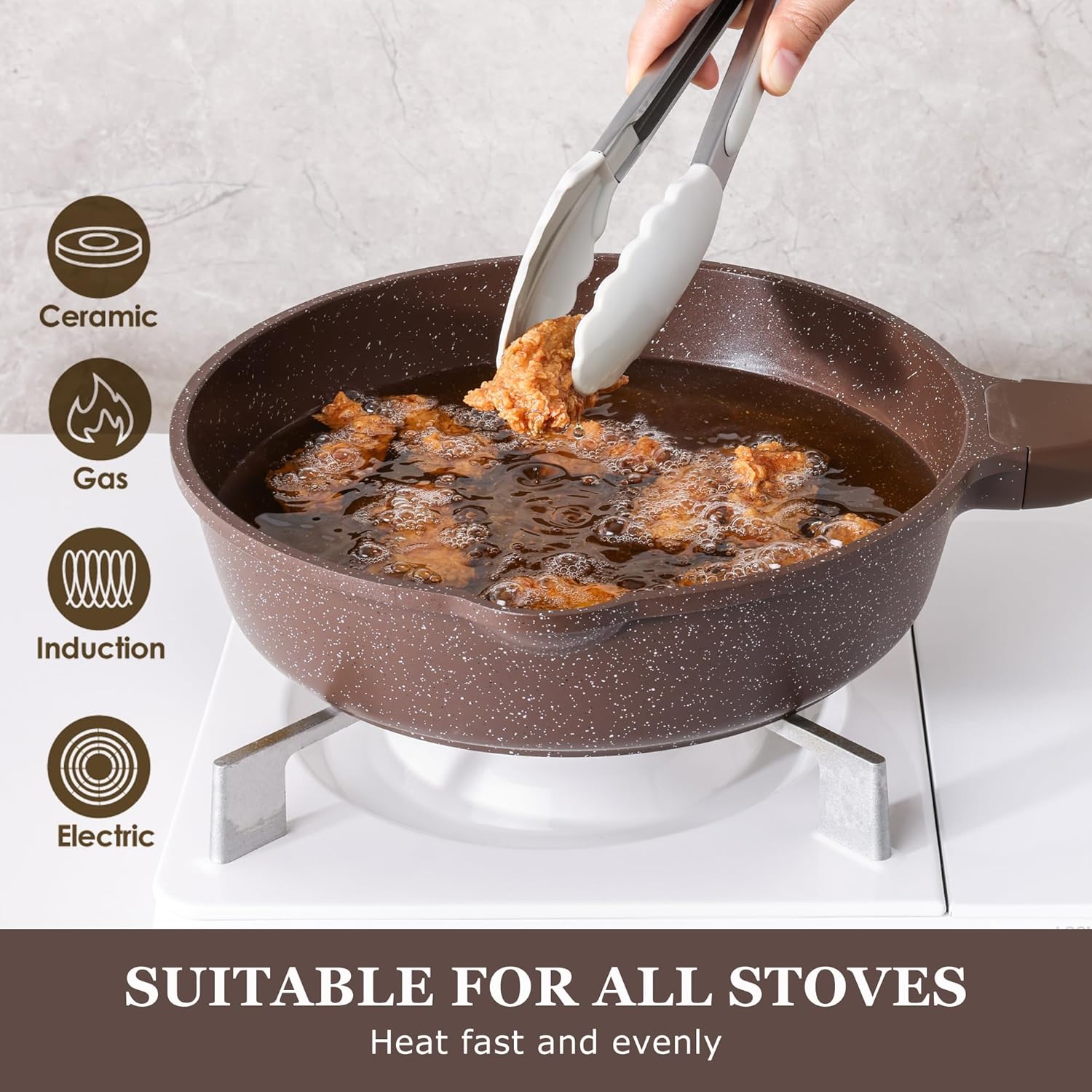 Detalle de SENSARTE Antihaftpfanne 28 cm Toffeebraun mit Deckel – Induktion, Granitbeschichtung, gesundes Kochen