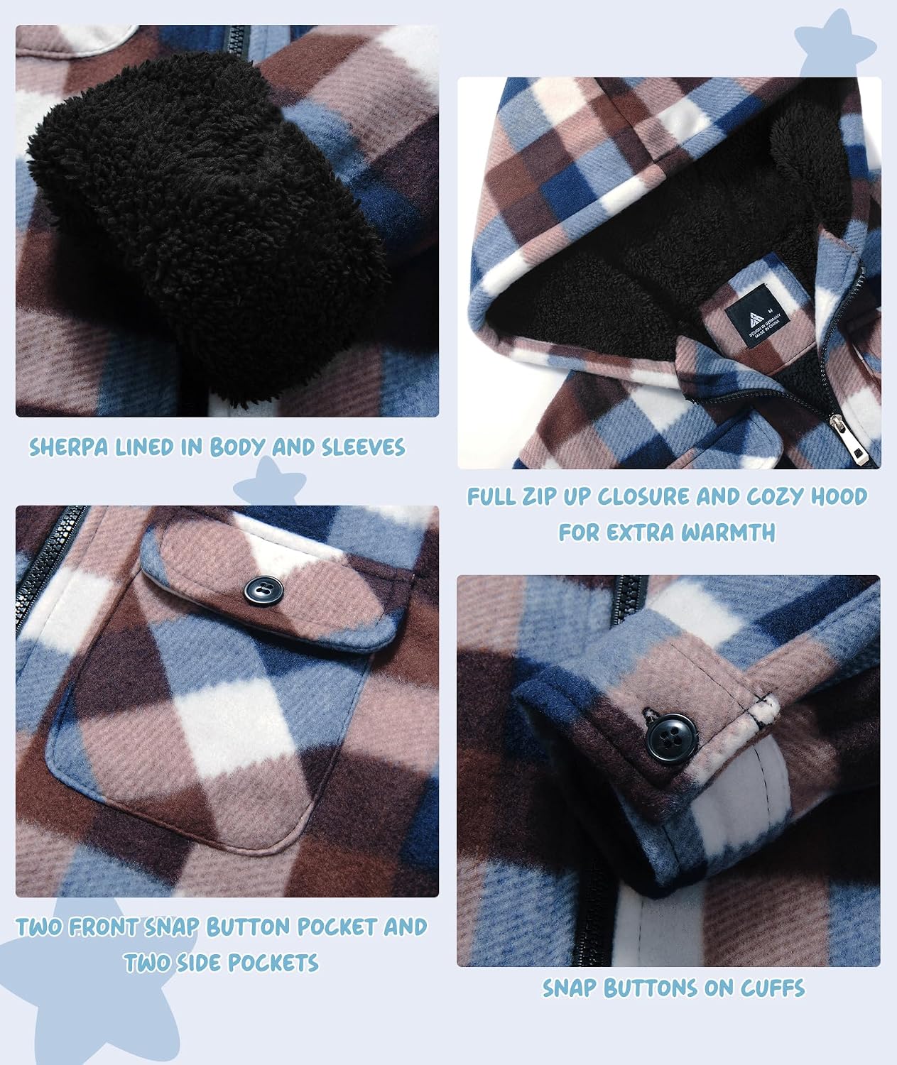 Thumbnail 3 de V VALANCH Plaid Sherpa-Lined Hooded Jacket for Kids, Full-Zip