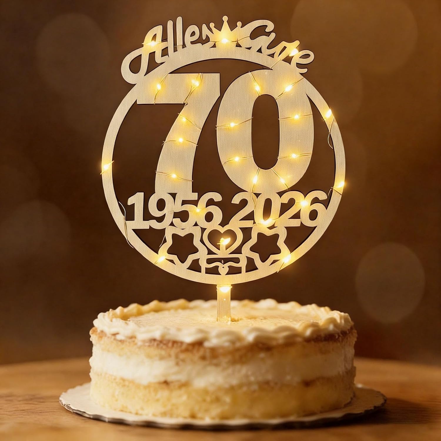 Tortendeko 70. Geburtstag Frau & Mann: Holz-Tortenaufleger mit LED-Lichterkette 1956 bis 2026 (Seutgjie)