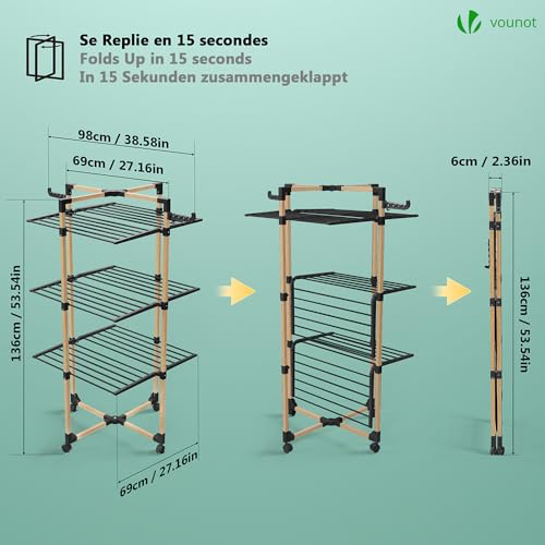 Detalle de VOUNOT Stendibiancheria Verticale a Torre 3 Livelli – 23 kg, 25 m, 4 ruote, Nero