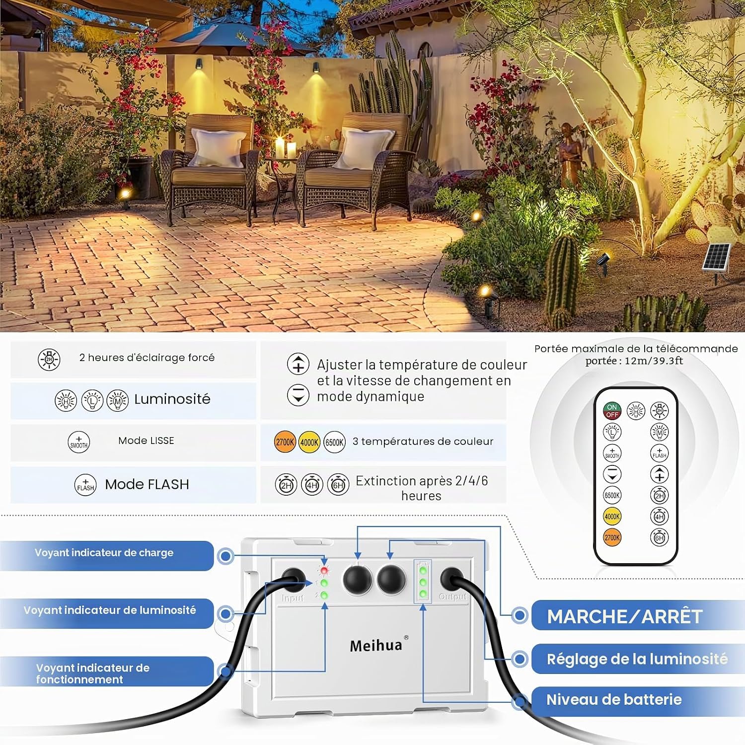 Detalle de MEIHUA Spot Solaire Extérieur Lot de 6 – LED Solaire IP66 avec Télécommande, 2700K/4000K/6000K, 3 niveaux de luminosité et 2 modes dynamiques