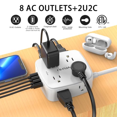 Detalle 2 de YISHU 6Ft Surge Protector Power Strip with 8 Widely Spaced Outlets & 4 USB Ports