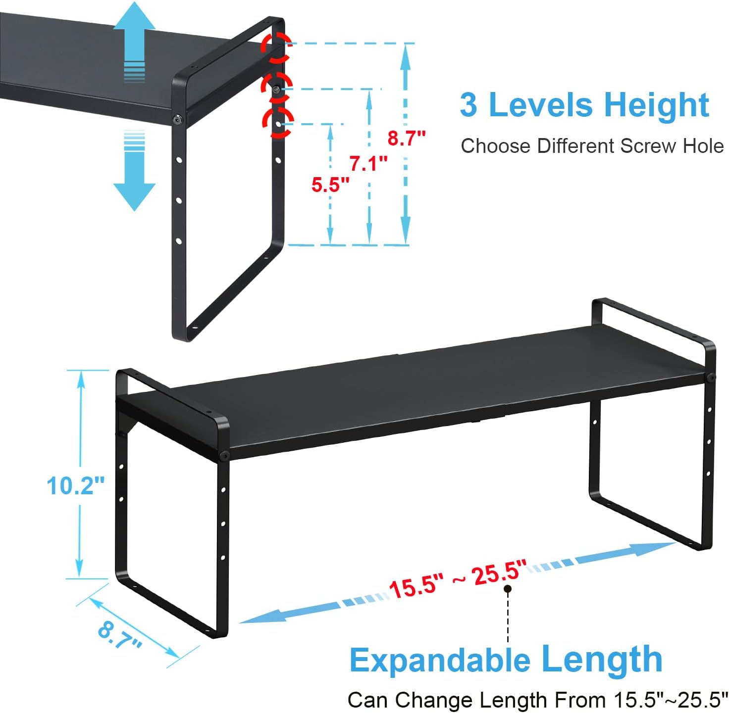 Detalle de 15.5–25.5 Inch Adjustable Kitchen Cabinet Shelf Organizers (Set of 3) — Expandable, Stackable Countertop Storage Shelves, 30LBS Heavy Duty