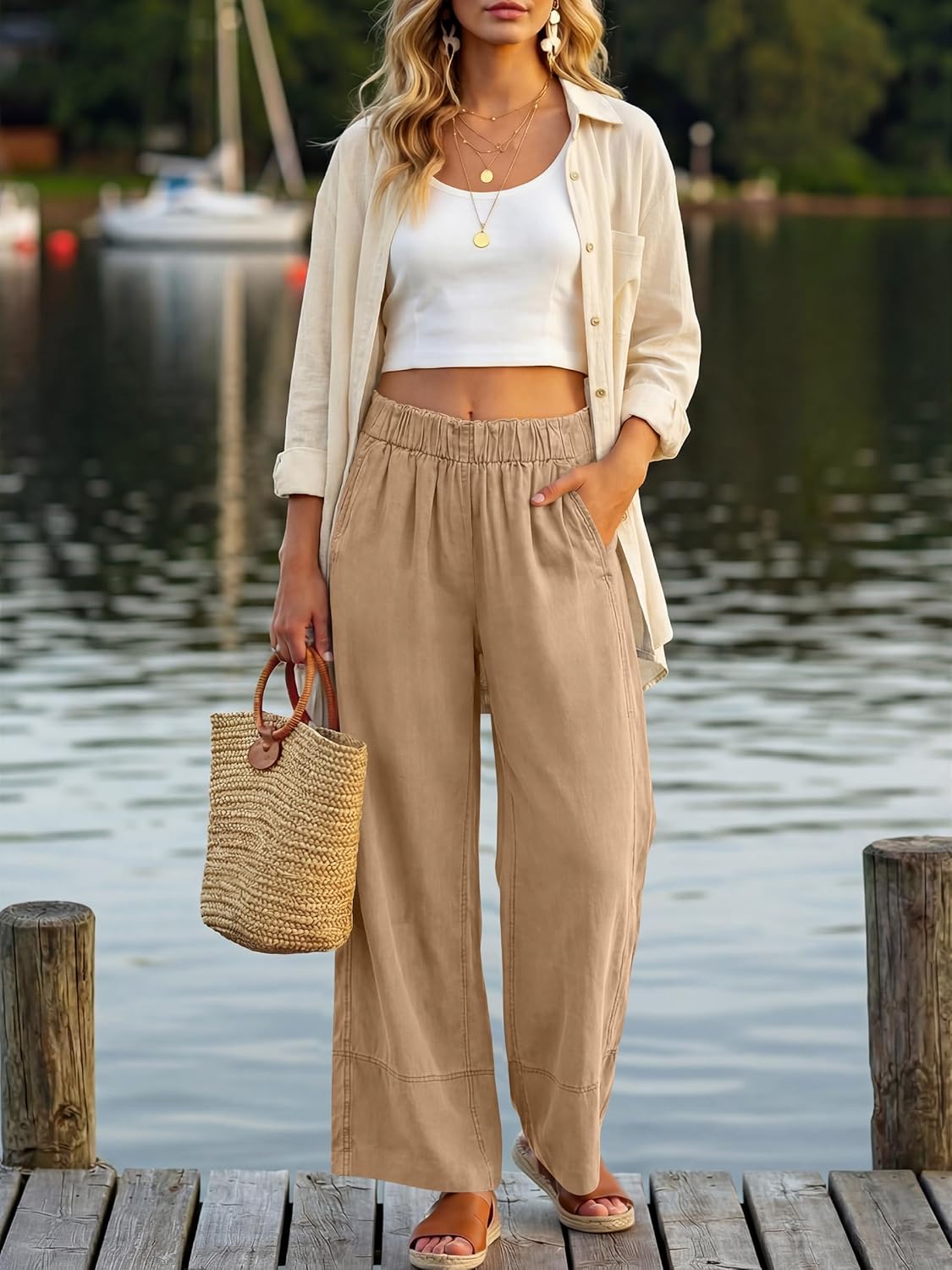 Thumbnail 6 de ANRABESS Women’s Wide-Leg Linen Pants with Elastic Waist and Pockets