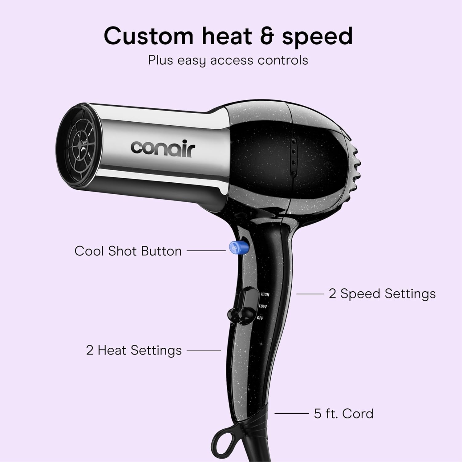 Detalle de Conair 256NRL Ionic Hair Dryer, 1875W with Concentrator, 2 Heat/Speed Settings