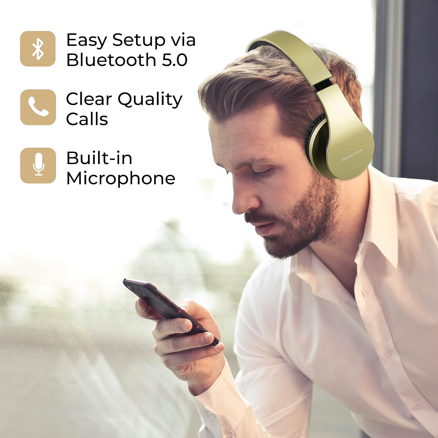 Detalle de PowerLocus Bluetooth Headphones Over Ear with Foldable Design and Multi-Mode Playback