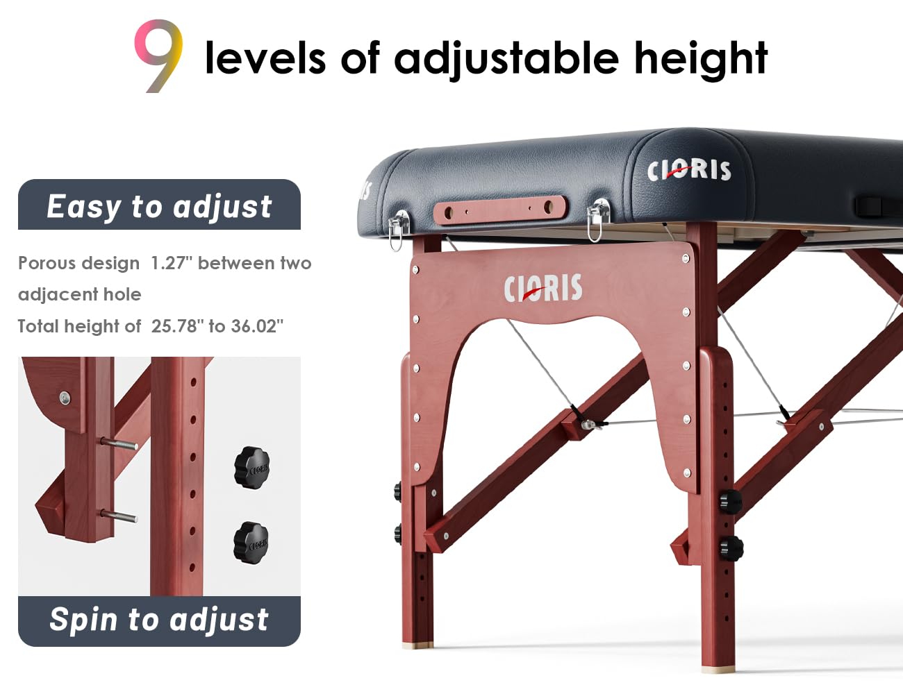 Thumbnail 3 de CLORIS 84" Luxury Massage Table: Portable 2-Fold, Height Adjustable Beech Wood Spa Bed