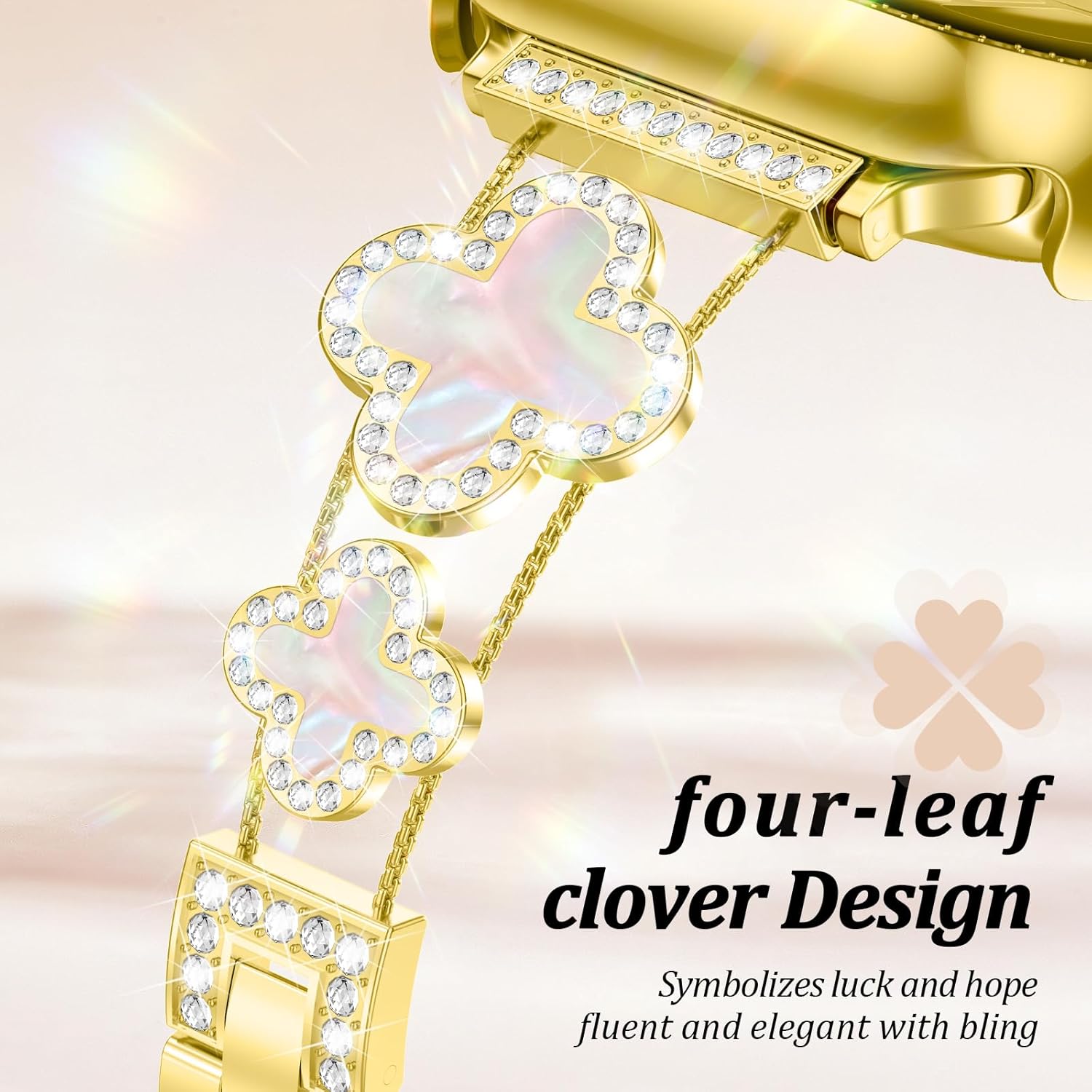 Detalle de Metall-Armband mit Diamant-Schutzhülle für Apple Watch – Vierblättriges Kleeblatt-Design, Edelstahlband, passend für Series 11 bis SE (38–42 mm) in Gold/Weiß