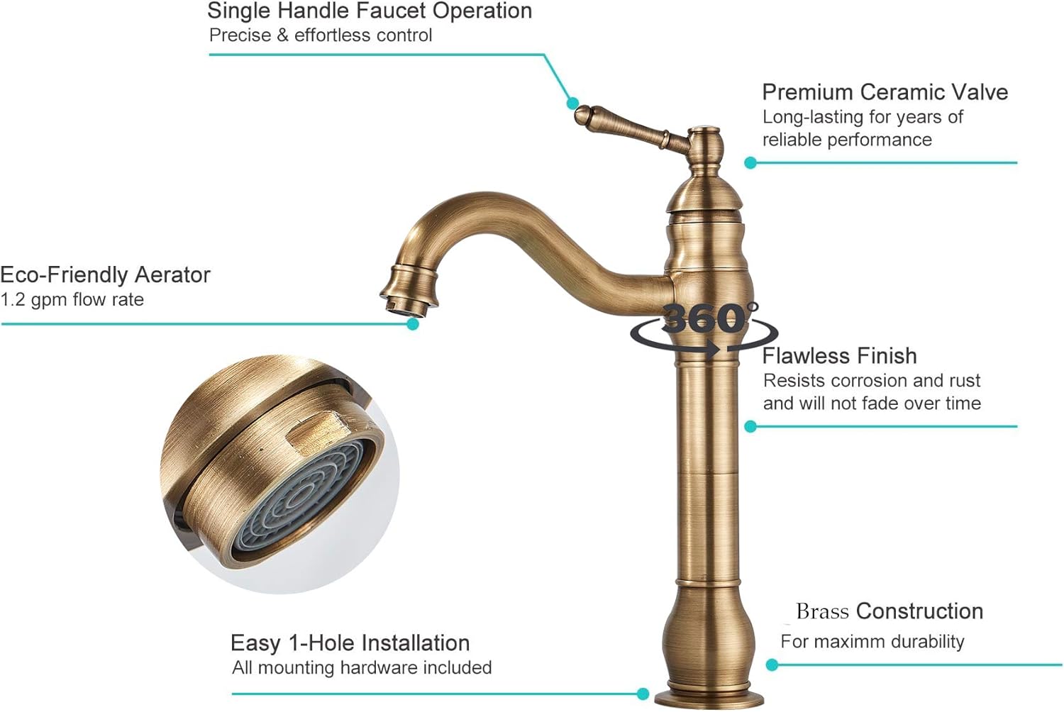 Detalle de Rozin Antique Brass Bathroom Sink Tap – Single Handle, 360° Rotable Spout, Deck Mounted Mixer