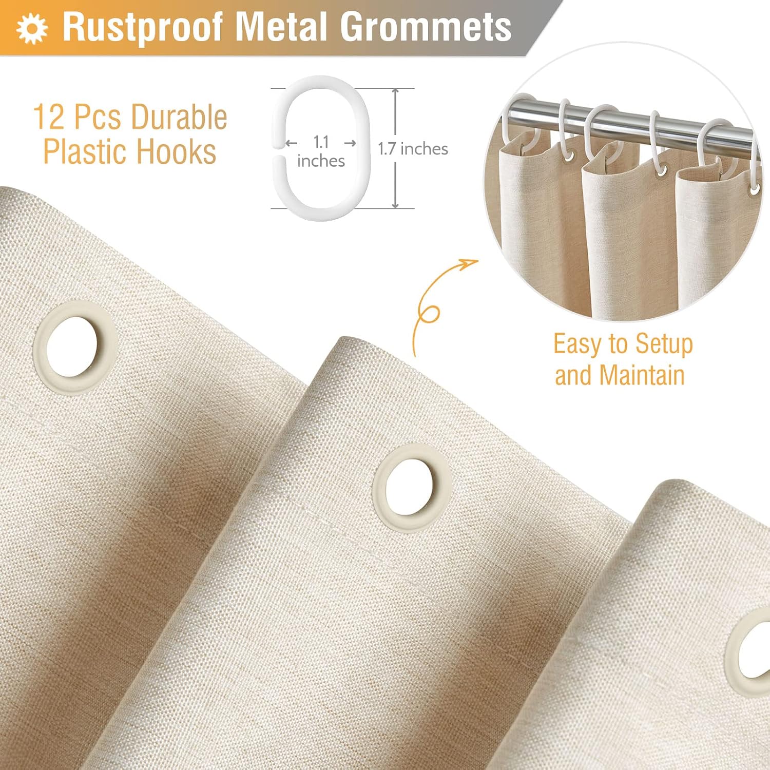 Detalle 2 de BTTN Linen-Texture Fabric Shower Curtain Set (72"x72") with 12 Plastic Hooks, Beige/Cream