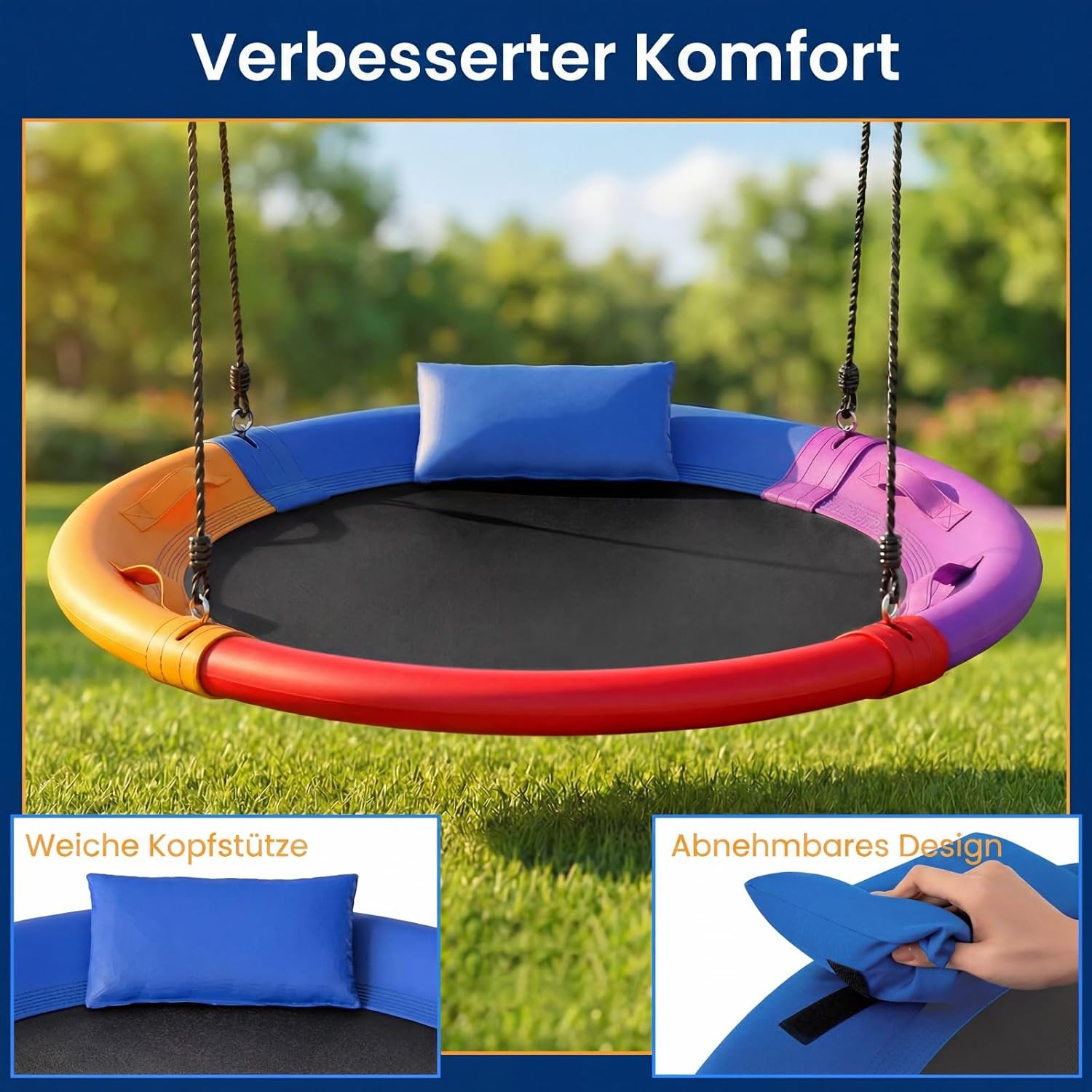 Detalle 2 de COSTWAY Nestschaukel Outdoor 120 cm – Kinderschaukel mit Kissen, Griffe und verstellbarer Aufhängung