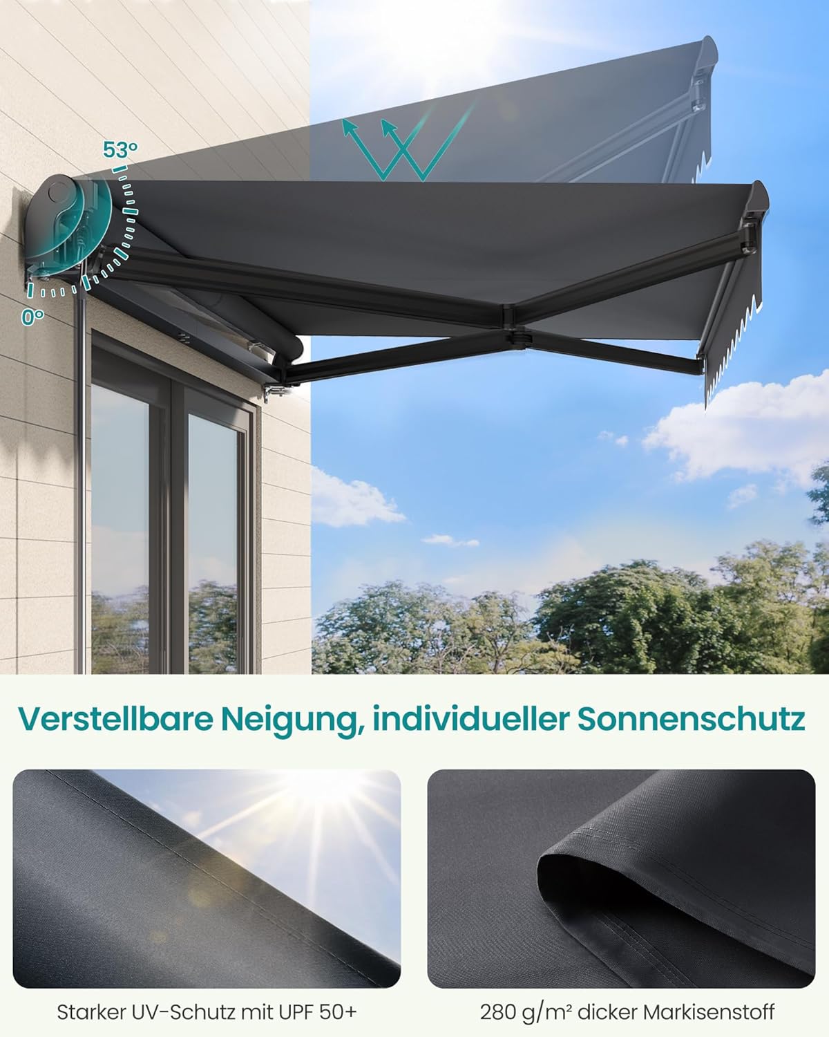 Thumbnail 5 de SONGMICS Gelenkarmmarkise GSA306GZ01 (300 x 250 cm) mit Handkurbel – UPF 50+ Sonnenschutz fürs Balkon-Setup