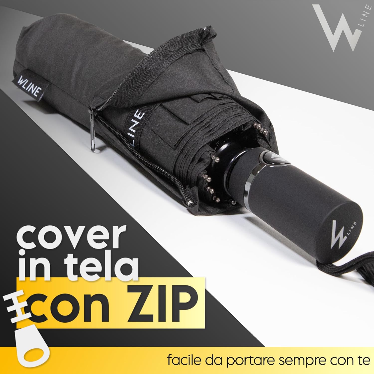 Detalle de WLine Wind Ombrello Pieghevole Antivento 210T – Diametro 104 cm, 10 Aste Rinforzate, Nero