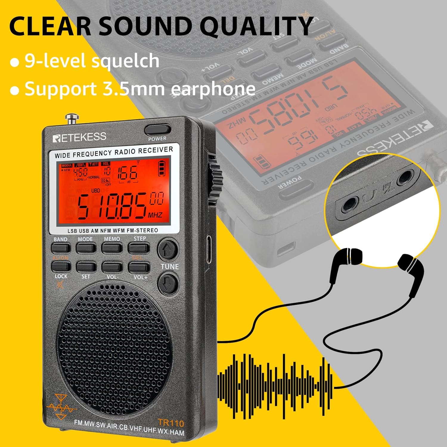 Detalle 2 de Retekess TR110 Mini Scanner radio SSB 1000 stations