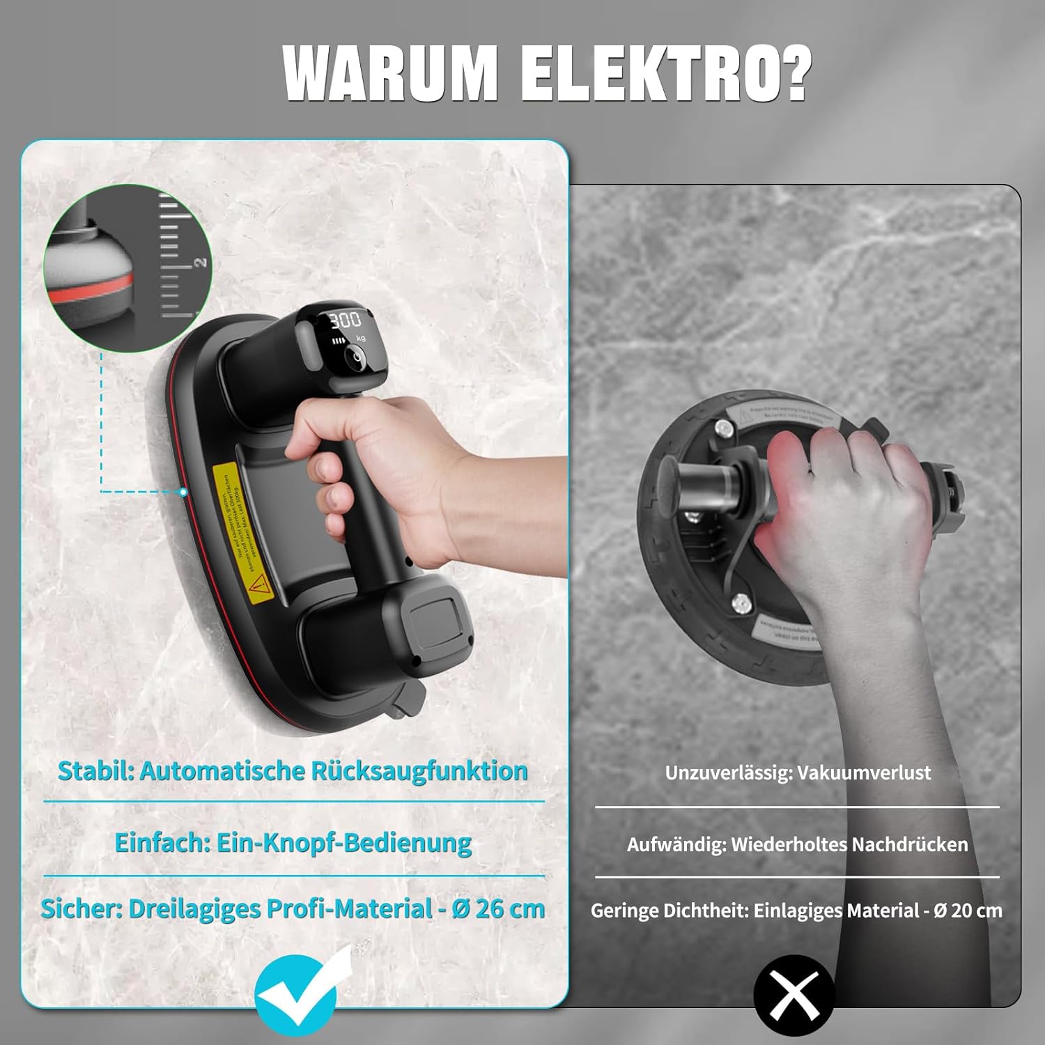 Detalle 2 de JUYLTOOL 2er-Set 26cm Akku Saugheber 300 kg đ