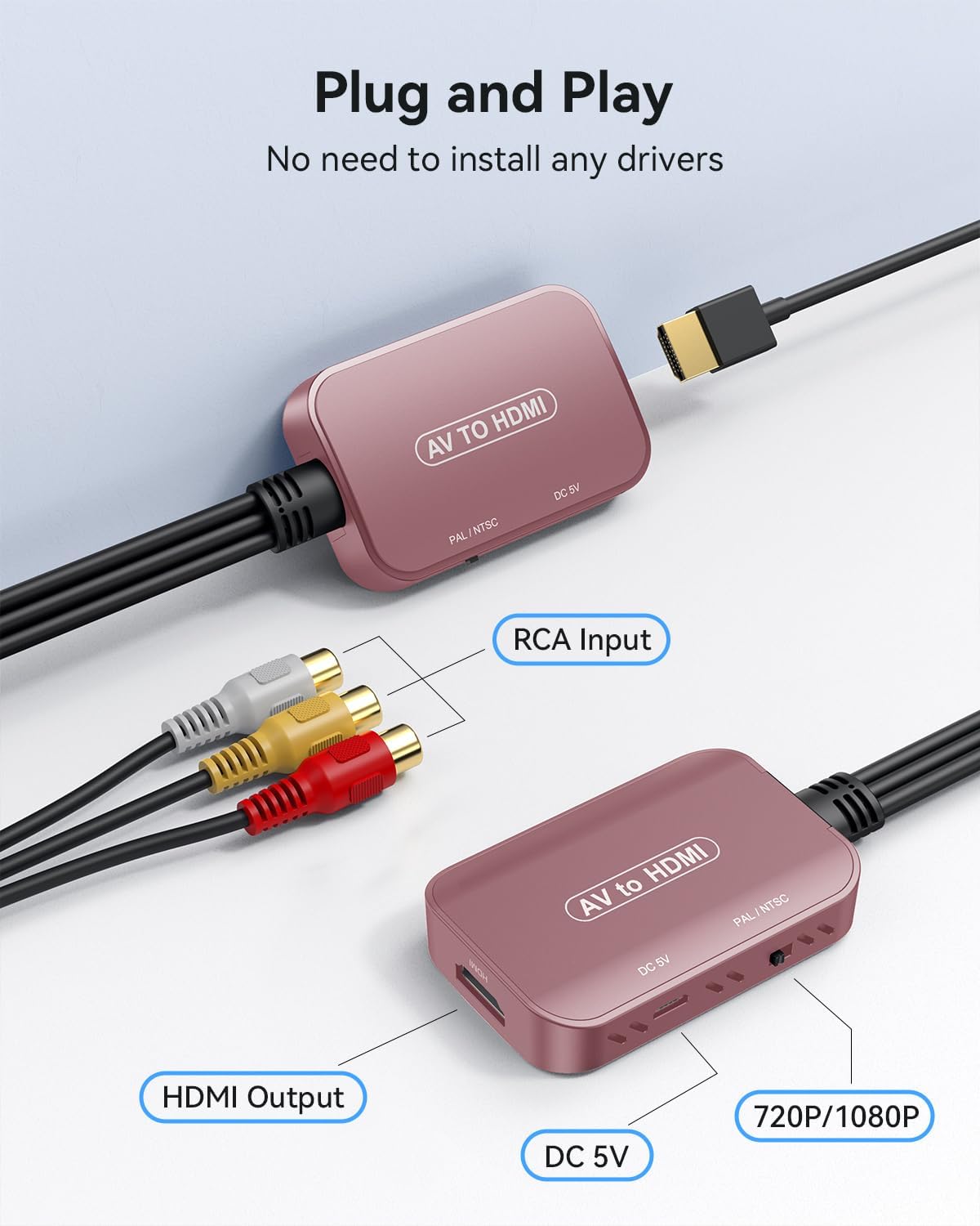 Thumbnail 1 de Viagkiki RCA to HDMI Composite AV Converter (Pink) – Chromecast Ready with HDMI Cable Included