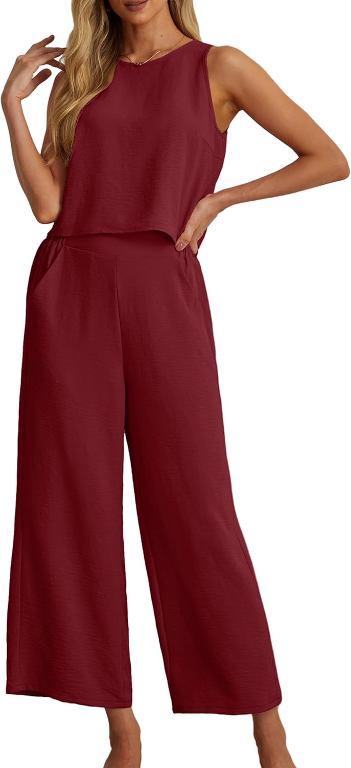 Thumbnail 6 de IWOLLENCE Women's Summer 2 Piece Outfit Set: Sleeveless Crop Top + Wide-Leg Pants