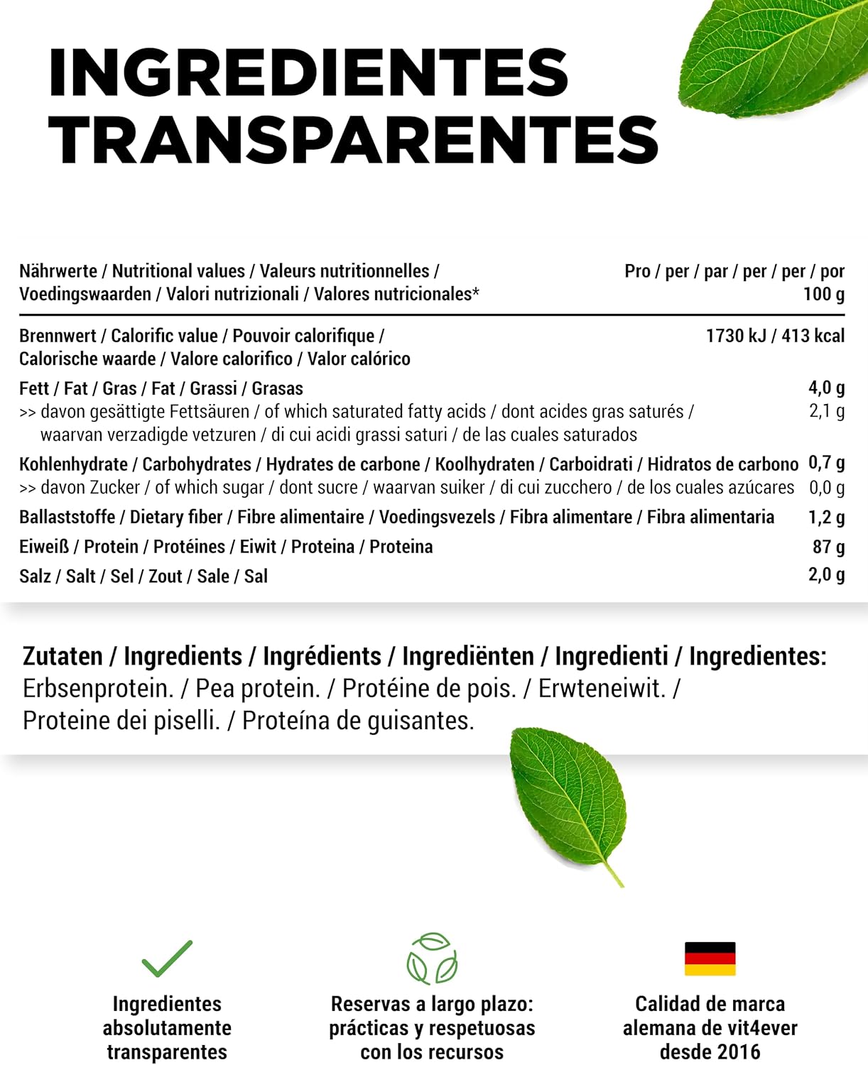 Thumbnail 5 de Vit4ever Pea Protein: aislado de proteína de guisante en polvo 1000 g (87%) sin gluten ni lactosa