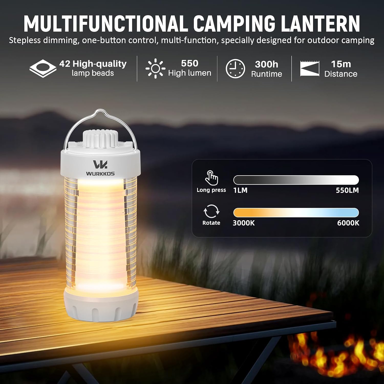 Detalle 2 de Wurkkos CL01 Rechargeable Camping Lantern, 550-Lumen, RGB, Dimmable, IP66
