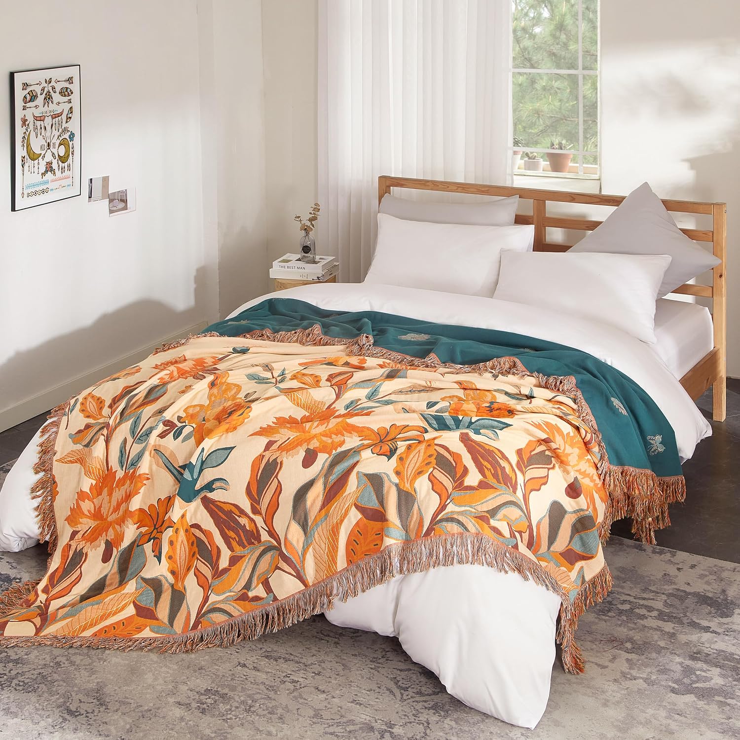 Detalle de SE SOFTEXLY Boho Cotton Throw Blanket, King Size 90” x 98”, 4-Layer Floral Muslin