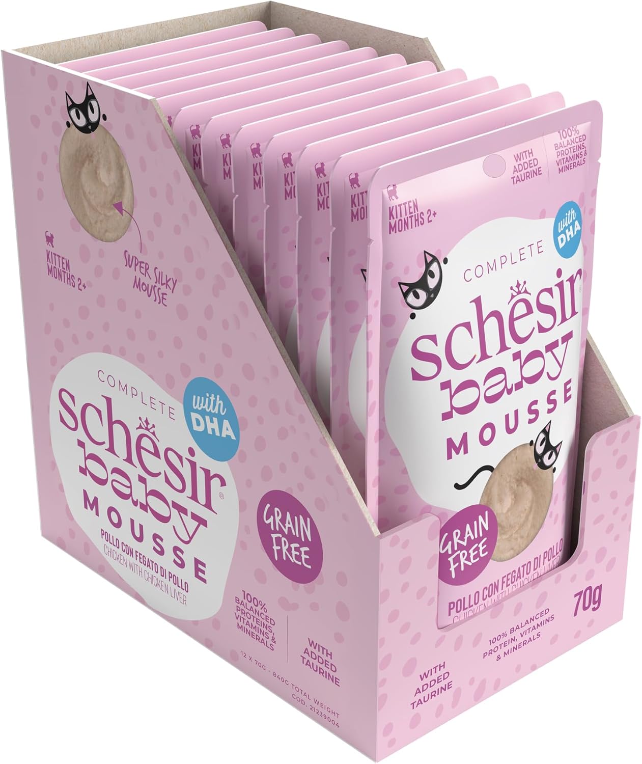 Detalle de Schesir Baby: Filettini di Pollo con Fegato in Mousse per Gattini – 12x70 g