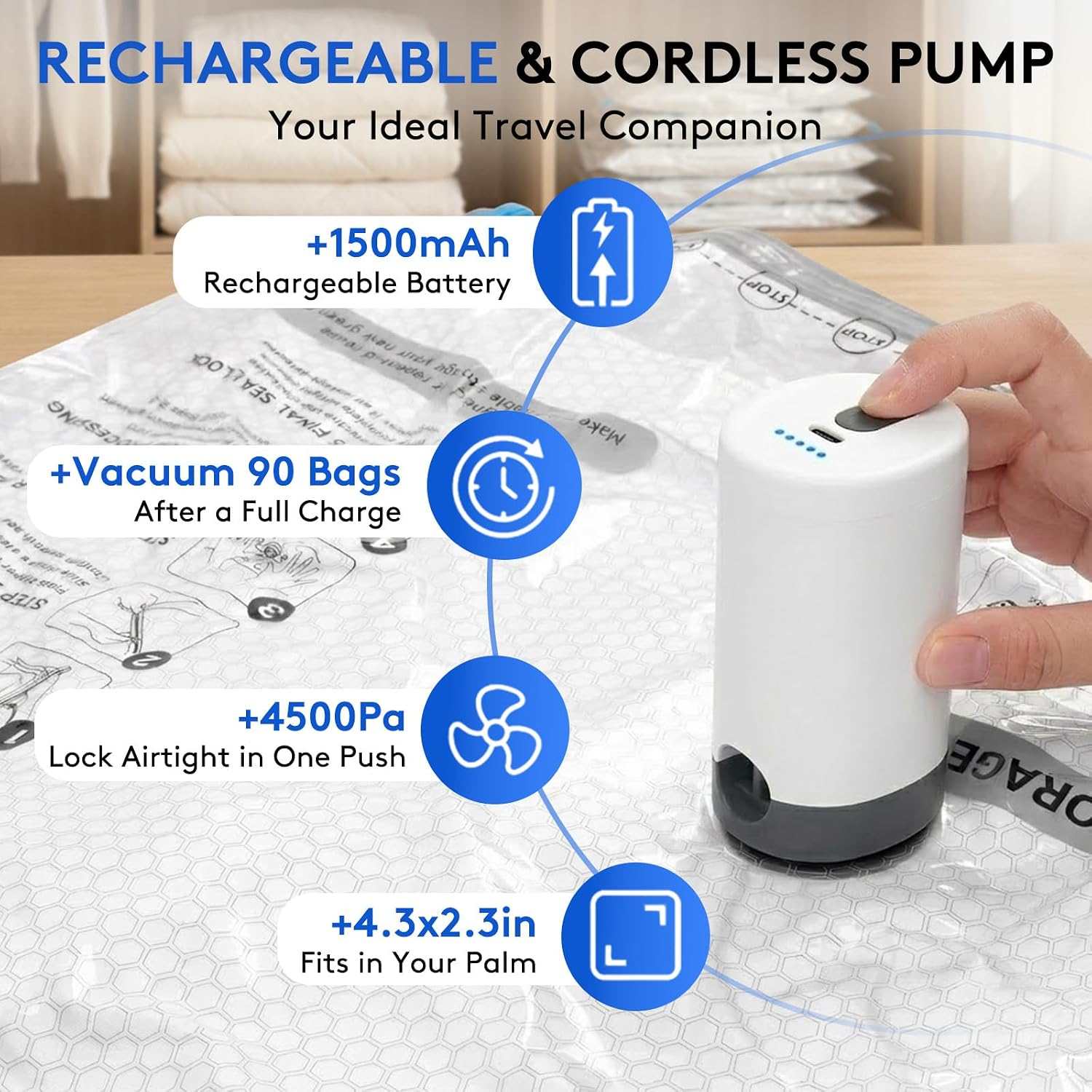 Detalle de 15-Pack Vacuum Travel Bags with Rechargeable Pump (3 Sizes) for Closet & Luggage Compression