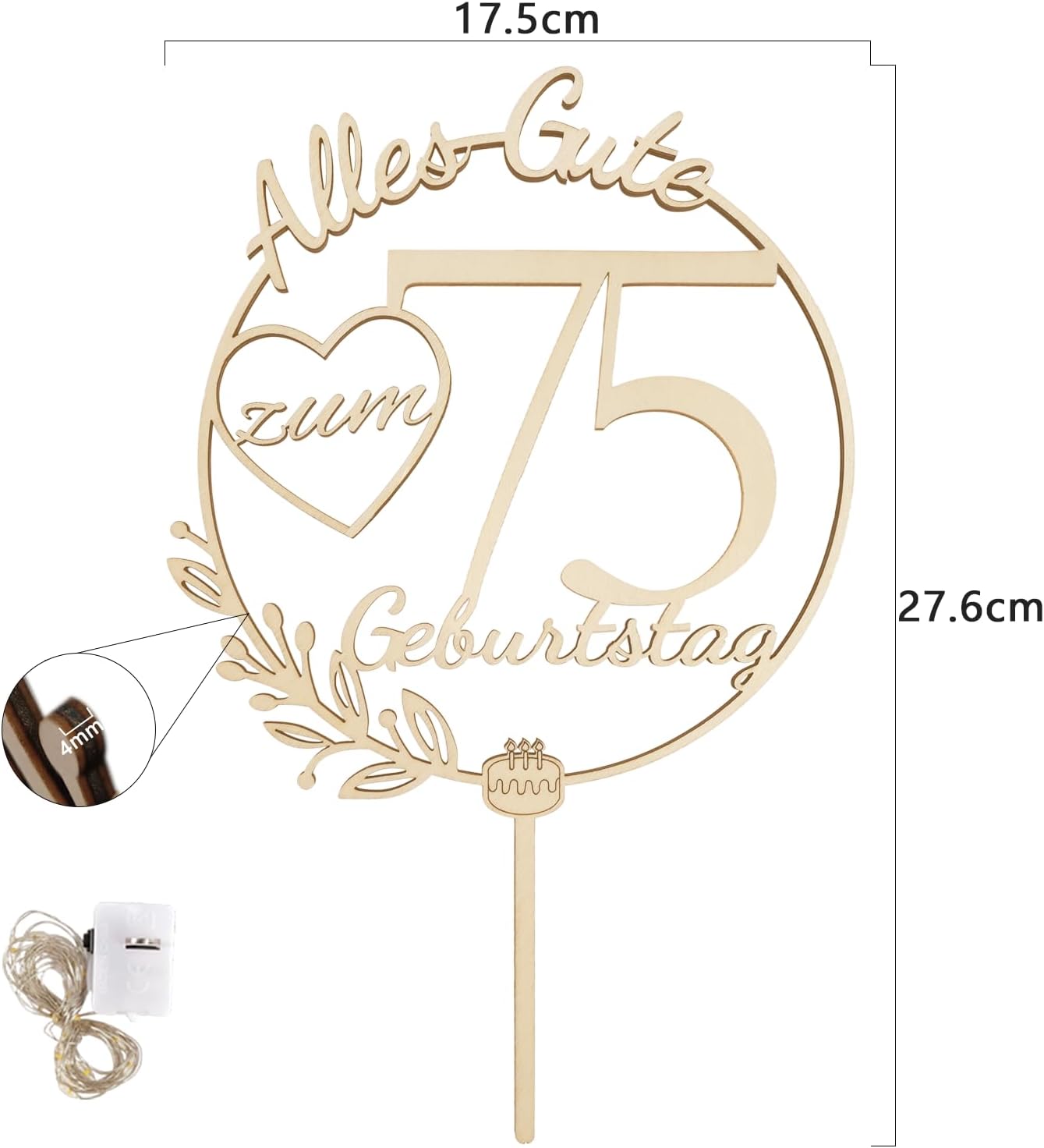 Detalle de I LOVE MOM Cake Topper 75 Geburtstag Holz – 17,5 × 27,6 cm, 4 mm