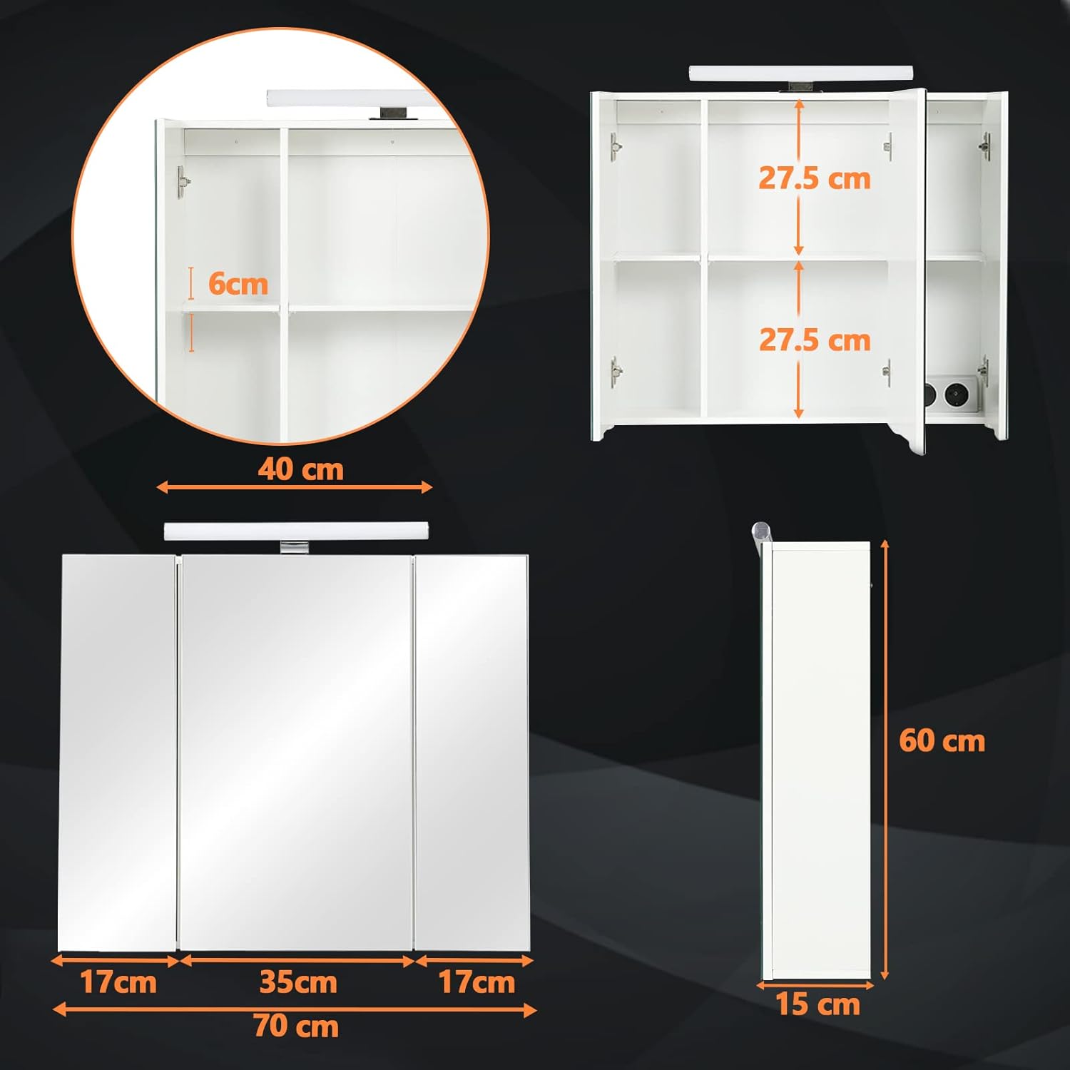 Thumbnail 1 de DICTAC Badezimmerspiegel-Spiegelschrank mit LED, Steckdose & Lichtschalter – 70 x 15 x 60 cm, 3 Türen, weiß