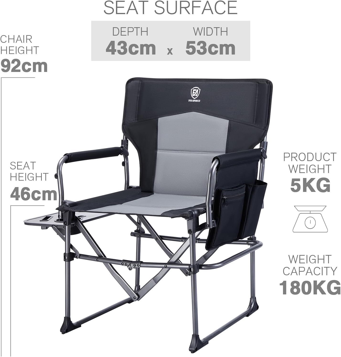 Detalle de EVER ADVANCED Regiestuhl Klappbar 180KG Belastbar – kompakt, mit Seitentisch und Seitentasche
