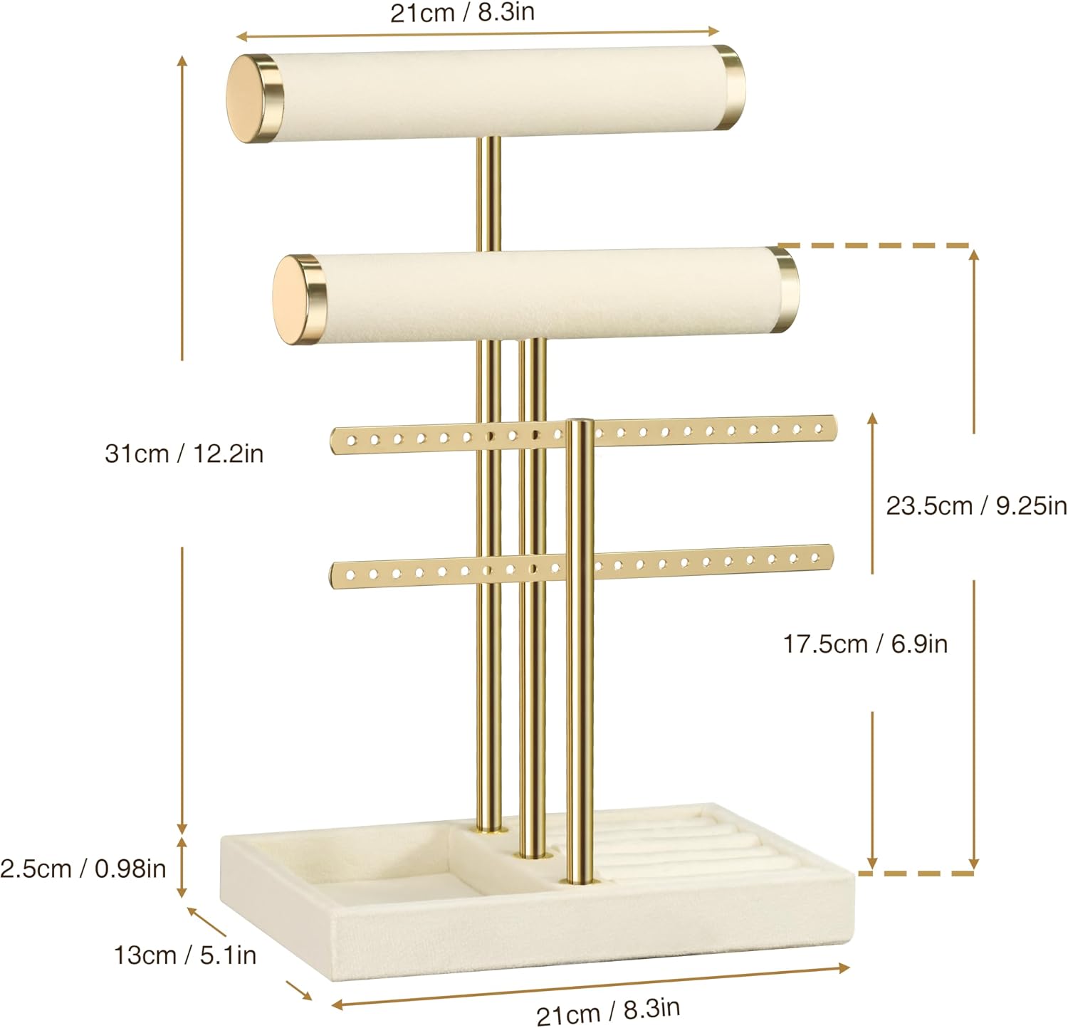 Detalle de Josmimic Schmuck Organizer mit 3 Ebenen in Beige – samtiger Armbandständer mit abnehmbarem T-Steg
