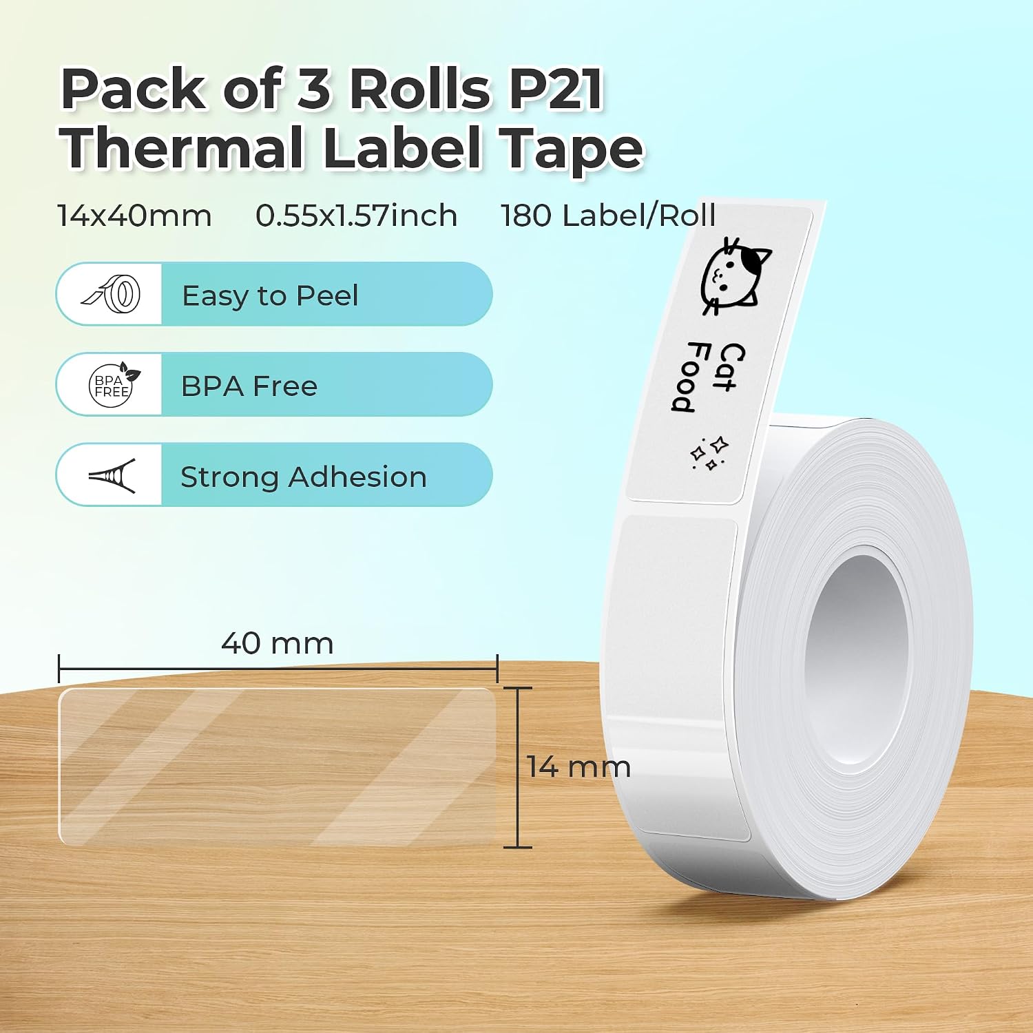Detalle de NELKO Original Etikettierband für P21 – 14 x 40 mm, transparent, 180 Etiketten/Rolle (3 Rollen)