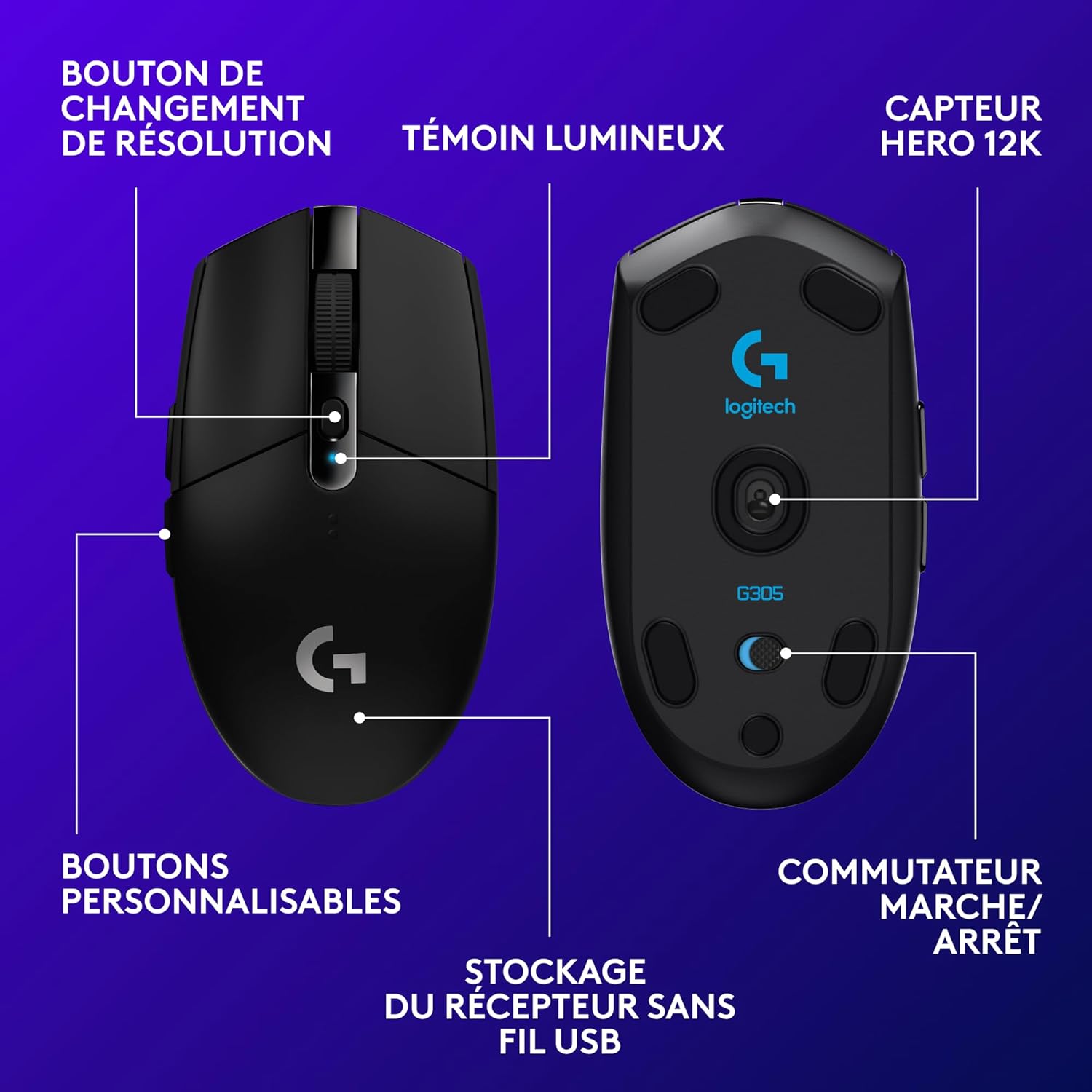 Detalle de Logitech G G305 Souris Gamer sans Fil – Capteur HERO 12 000 PPP, 99 g, LIGHTSPEED
