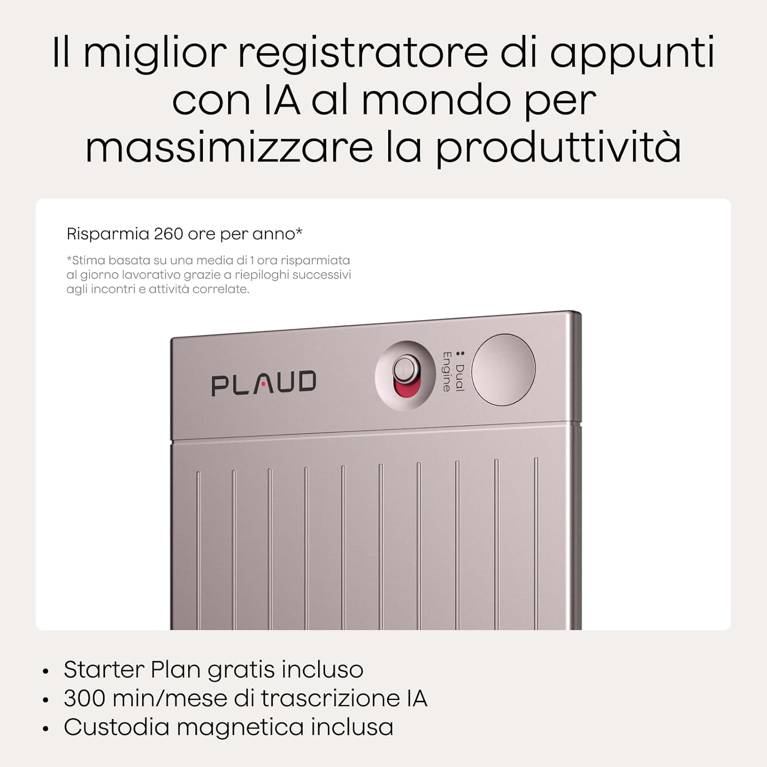 Detalle de Plaud Note Registratore Vocale AI Professionale: registrazione, trascrizione in 112 lingue e riassunti multidimensionali
