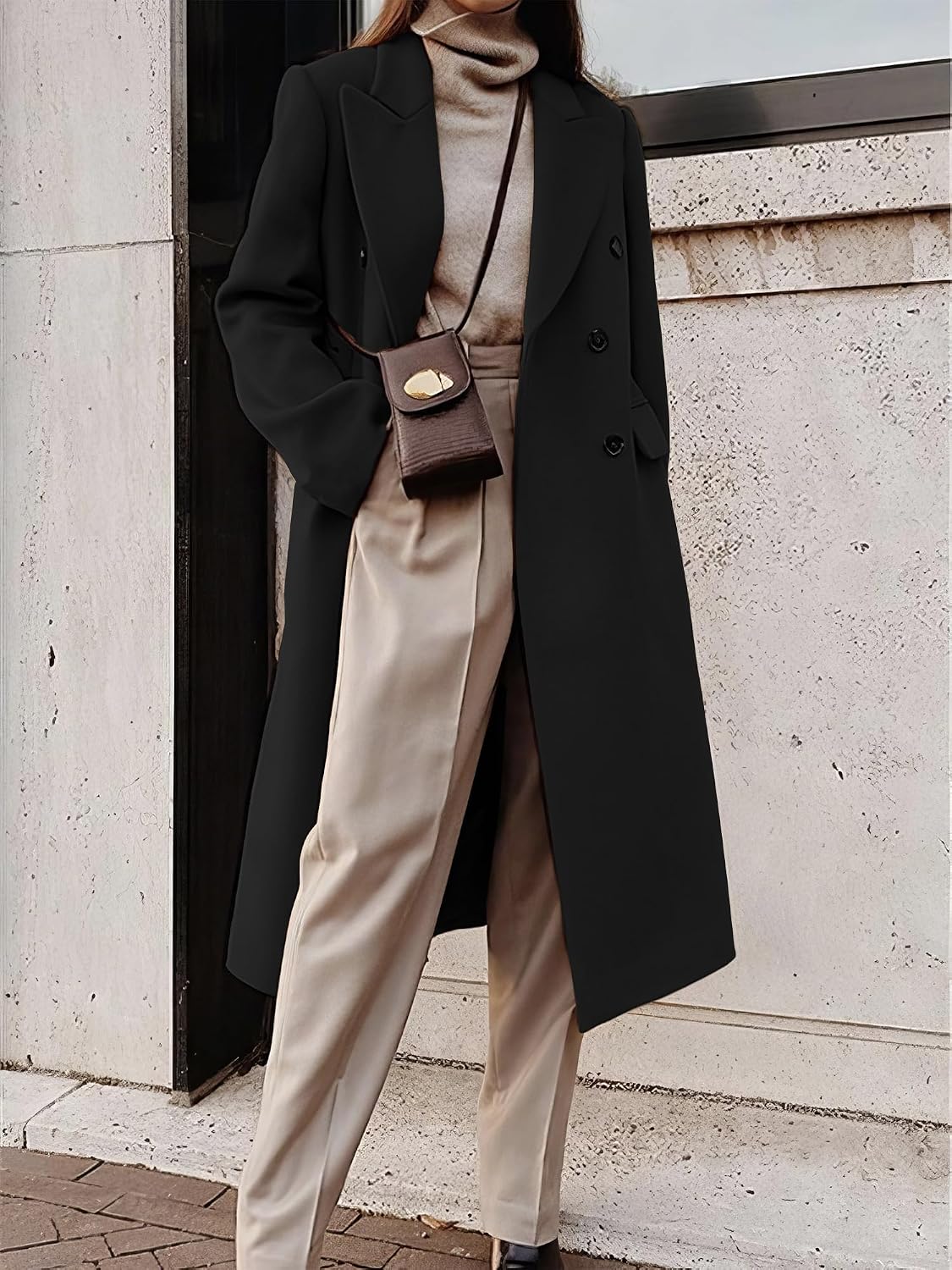 Detalle de IDEALSANXUN Women's Long Wool-Blend Coat, Double-Breasted Below-Knee Peacoat