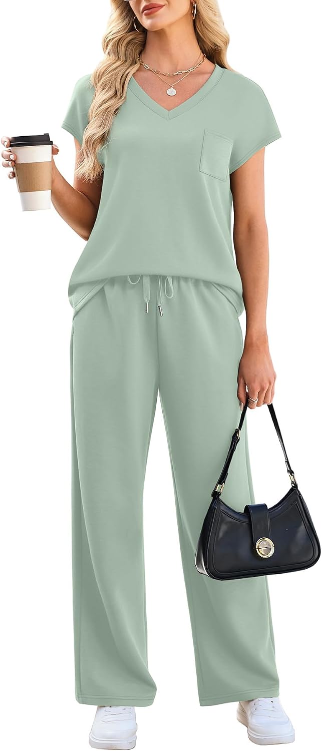 Detalle 2 de WIHOLL 2-Piece Women’s Resort Wear Set: Cap Sleeve V-Neck Top + Wide-Leg Lounge Pants with Pockets