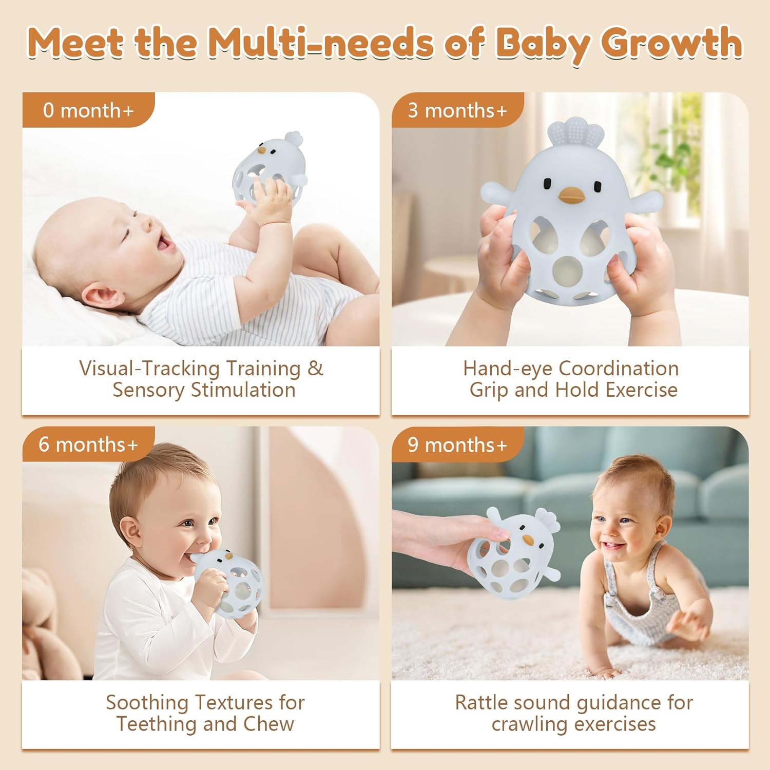 Thumbnail 4 de MCGMITT Baby Greifball Beißring aus BPA-freiem Silikon (blau) – Hühner-Rasselspielzeug für 3–9 Monate