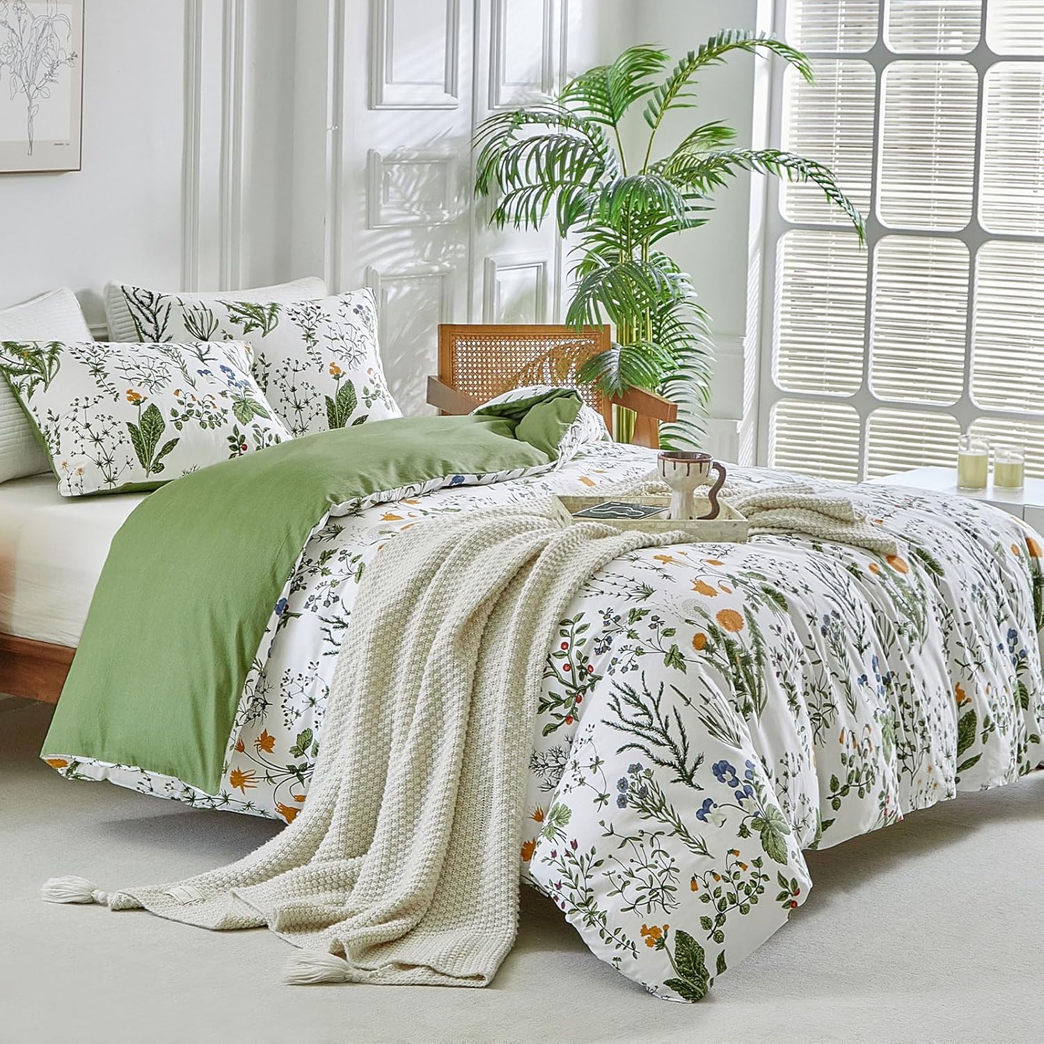 Thumbnail 1 de Lekesky 200 Thread Count Cotton Super King Duvet Set with Floral Green Pattern