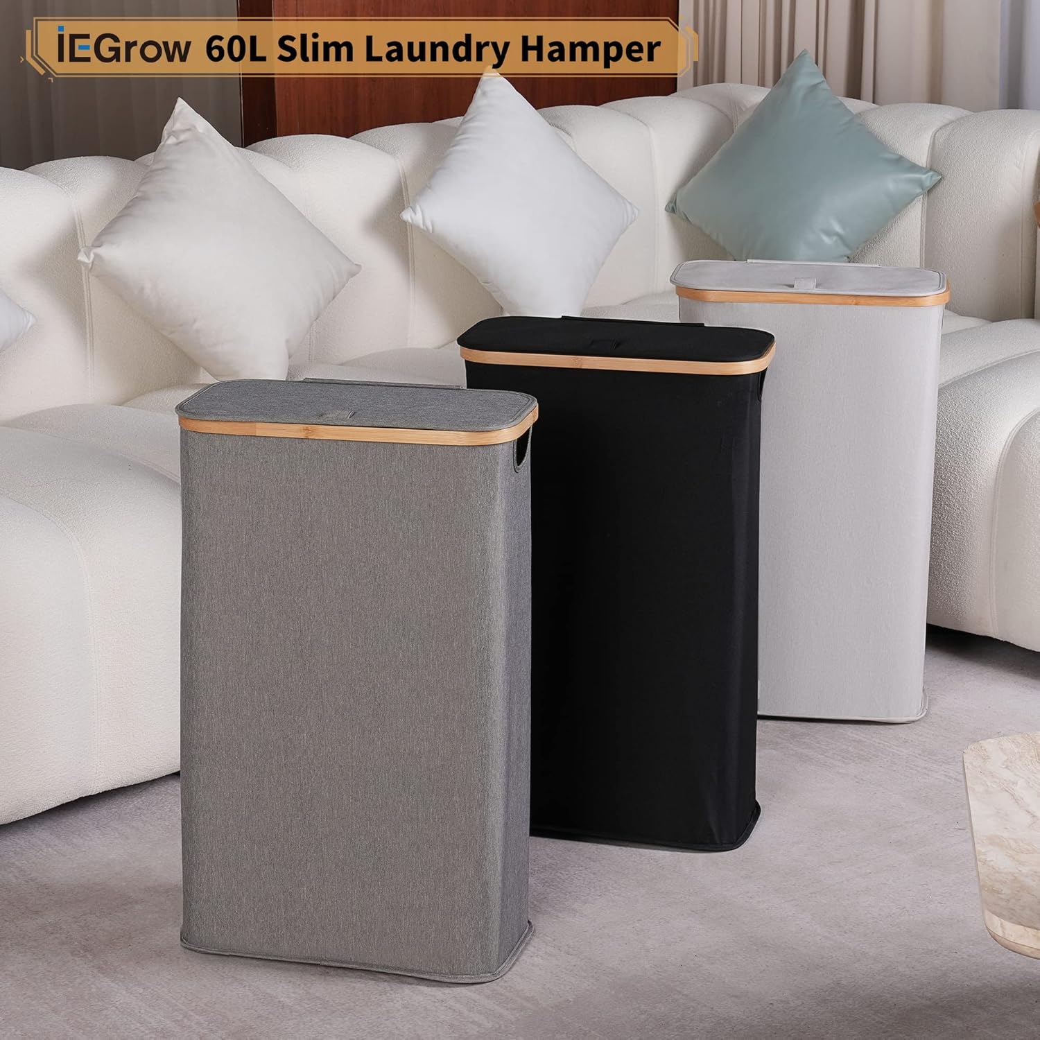 Detalle 2 de iEGrow 60L black laundry hamper, slim fabric basket with bamboo handles