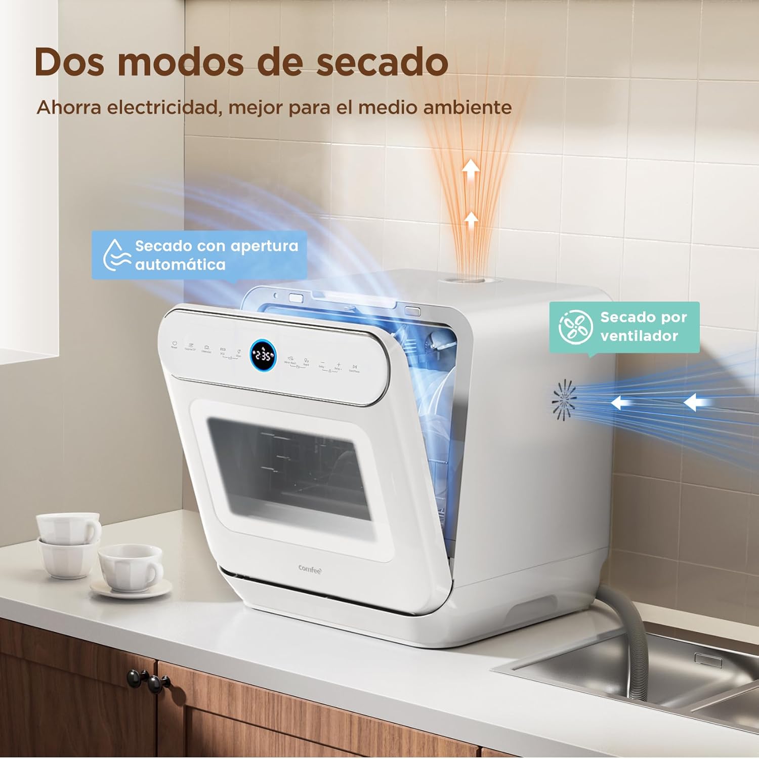 Thumbnail 4 de COMFEE CDWMT305WD: Mini lavavajillas de sobremesa compacto con 7 programas y apertura automática