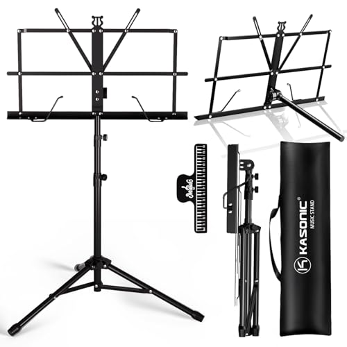 K KASONIC 2 in 1 Music Stand Collapsible with Sheet Clip & Carry Bag (Black)