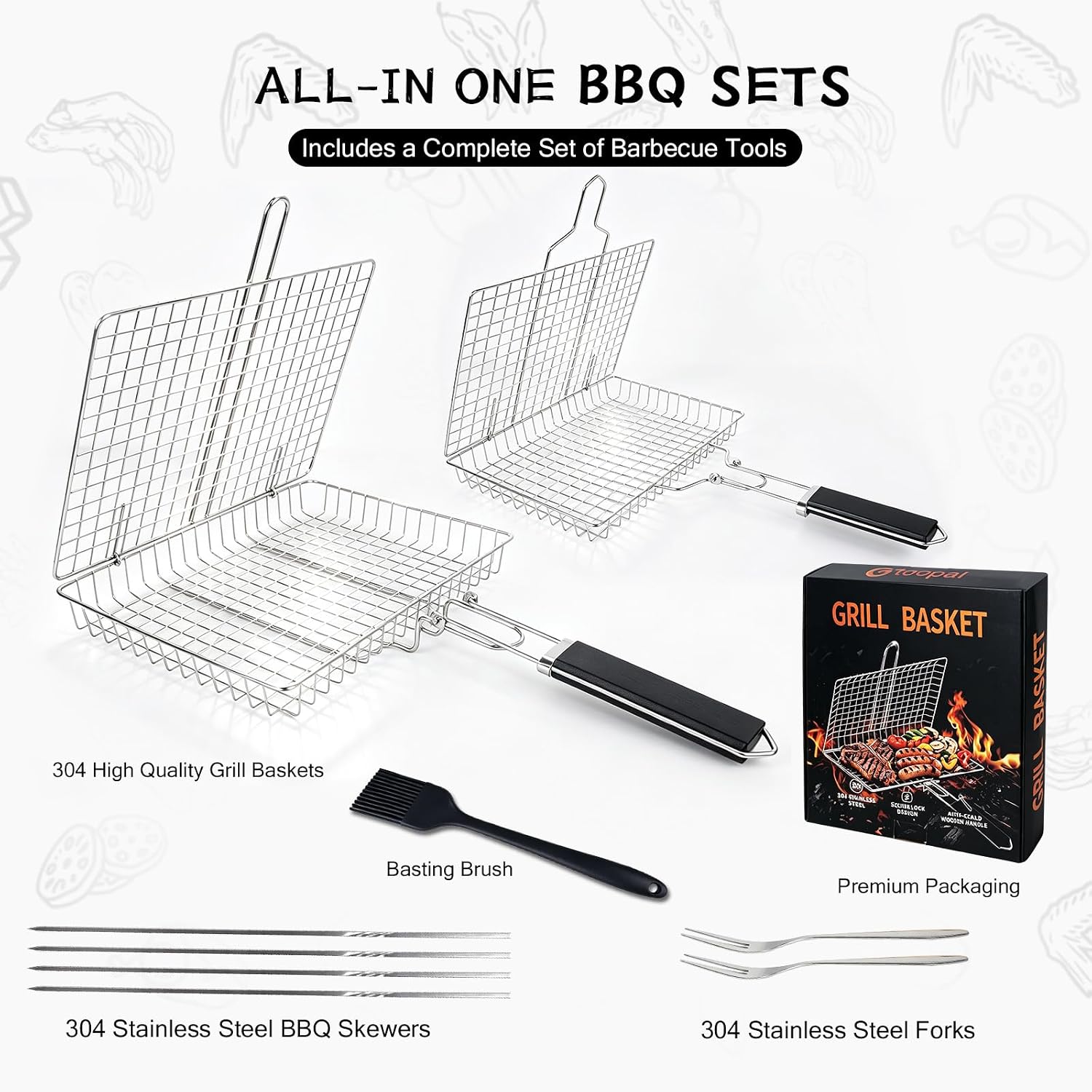 Detalle 2 de Gtoopal Deep Fish Grill Basket Set, 304 Stainless Steel, Detachable Handle
