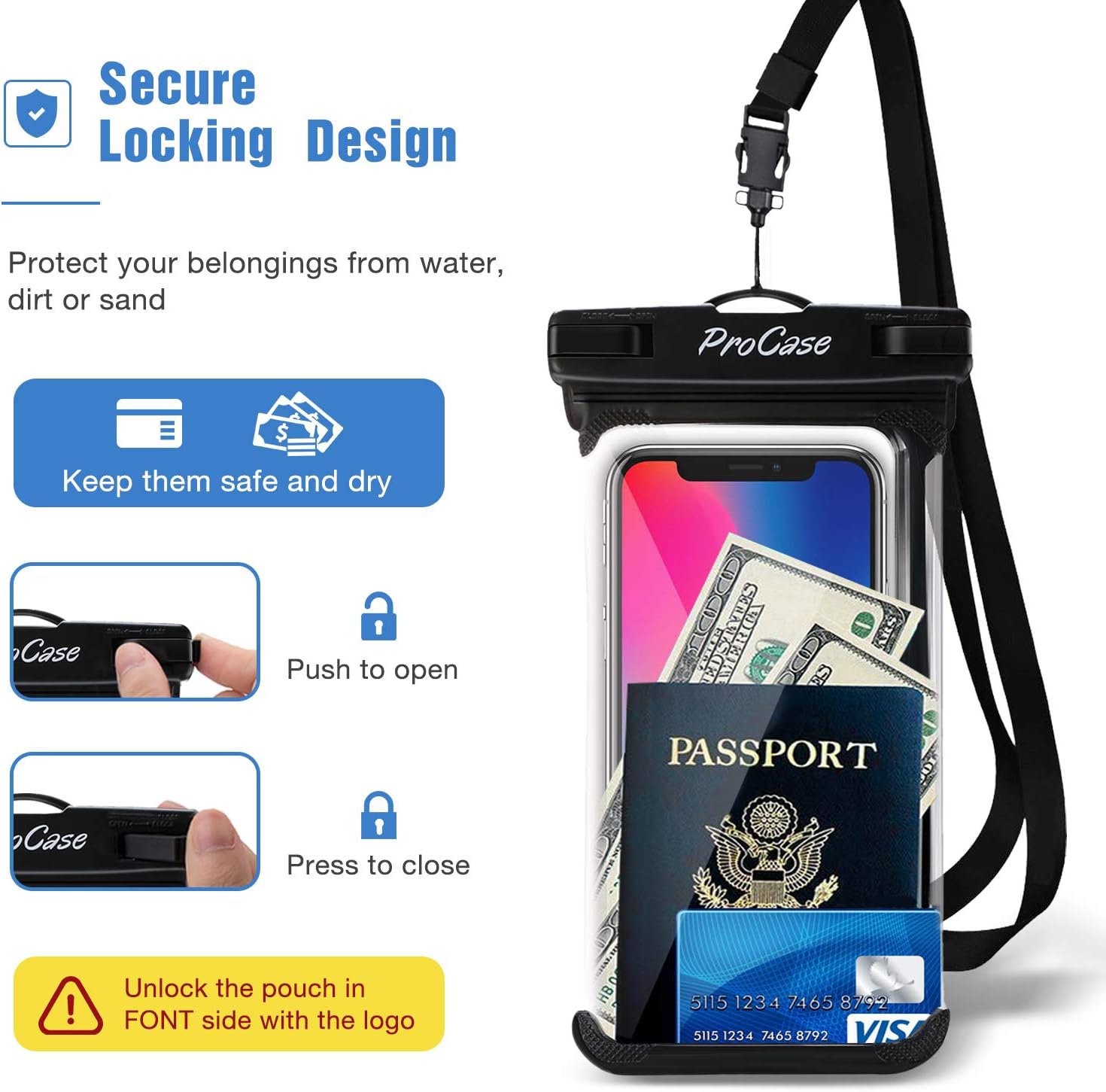 Detalle de ProCase 2 Pack Waterproof Phone Pouch with Neck Strap – Underwater Case for iPhone 15/14/Pro Max and Galaxy S23/S24 Series (Up to 7.0 inches) – Black