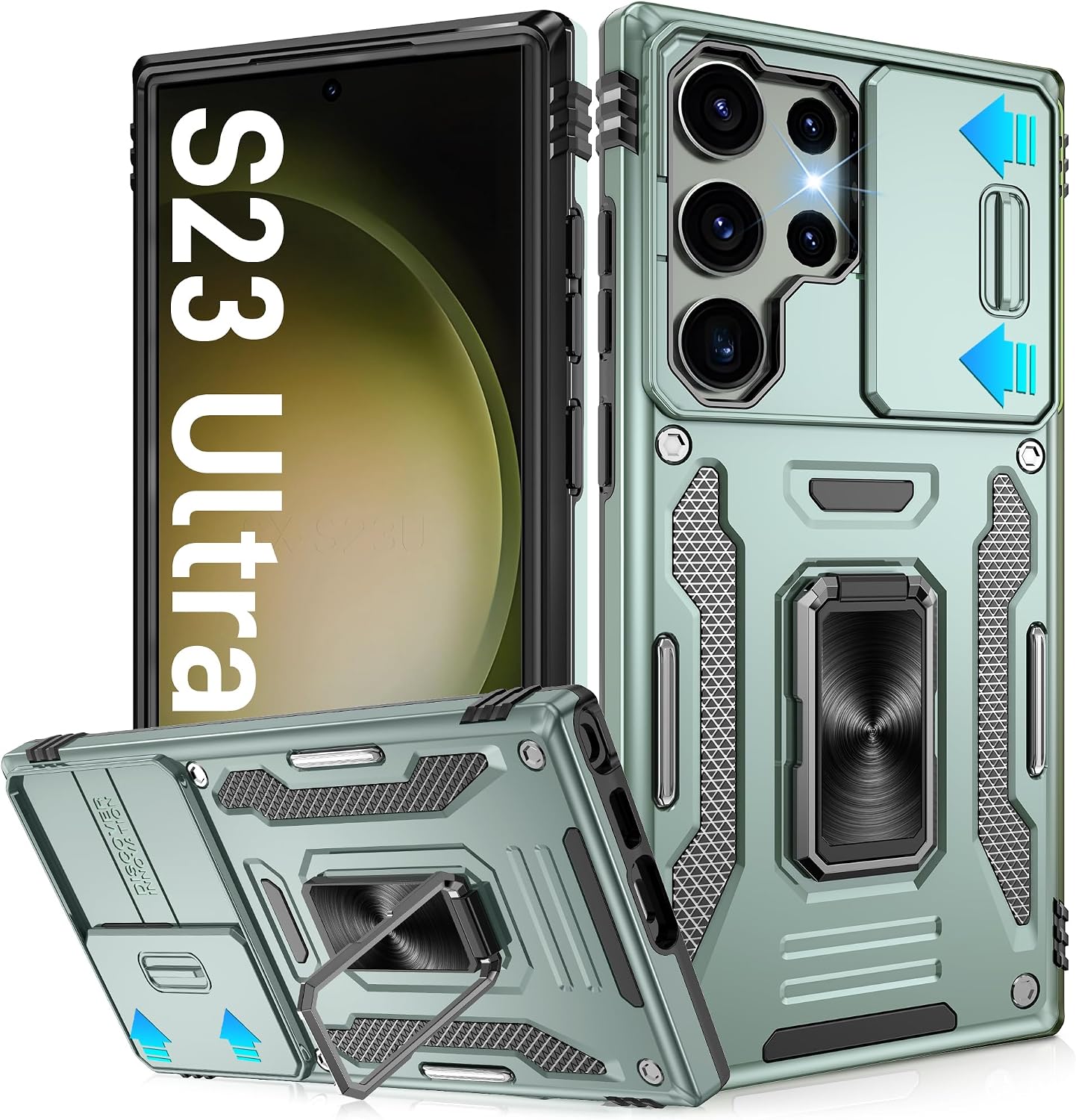 Detalle de Jshru Military-Grade Shockproof Case for Samsung Galaxy S23 Ultra with Slide Camera Cover & 360° Ring Kickstand (Alpine Green)