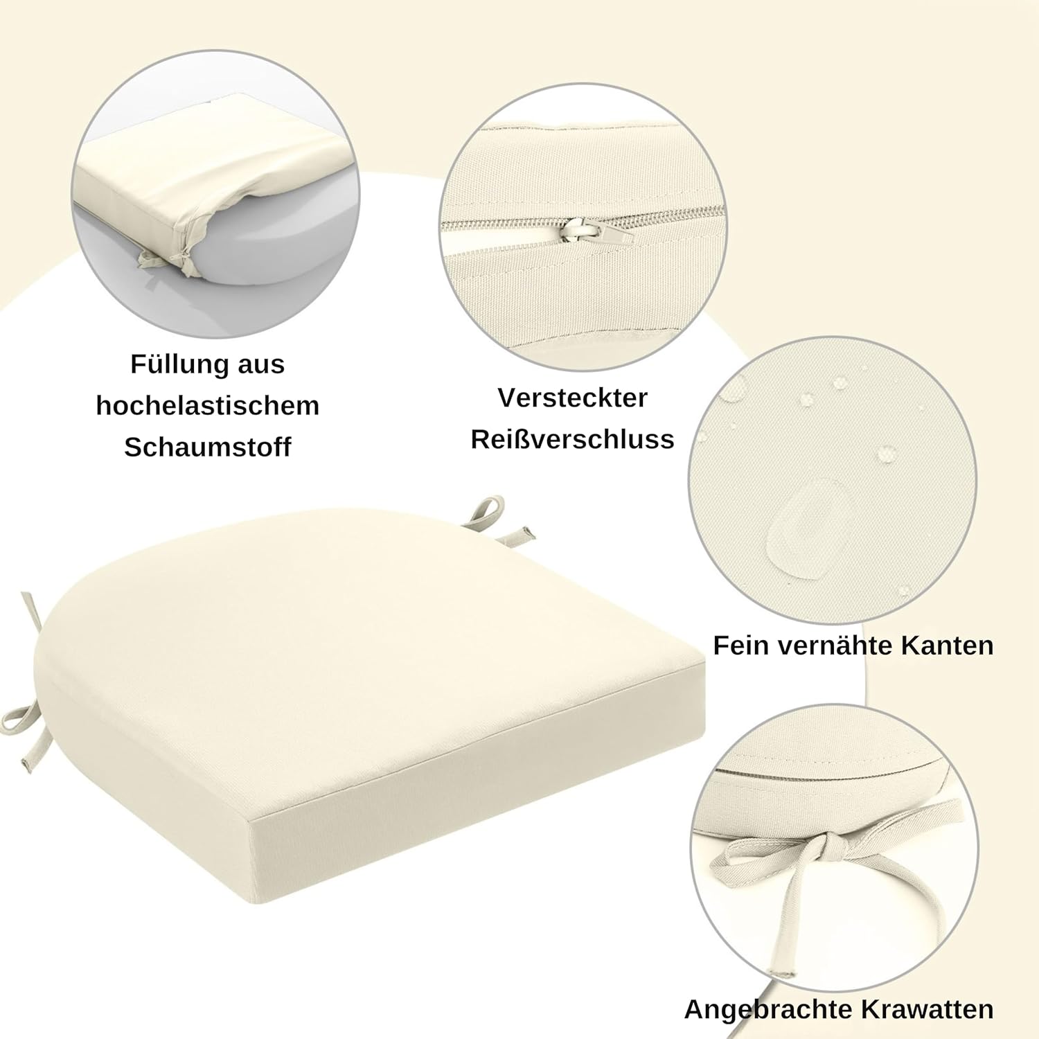 Detalle de PRIMEPATIO Stuhlkissen für draußen 2er-Set, 45x45 cm, Beige – wasserdicht, UV-beständig, mit Befestigungsgurten