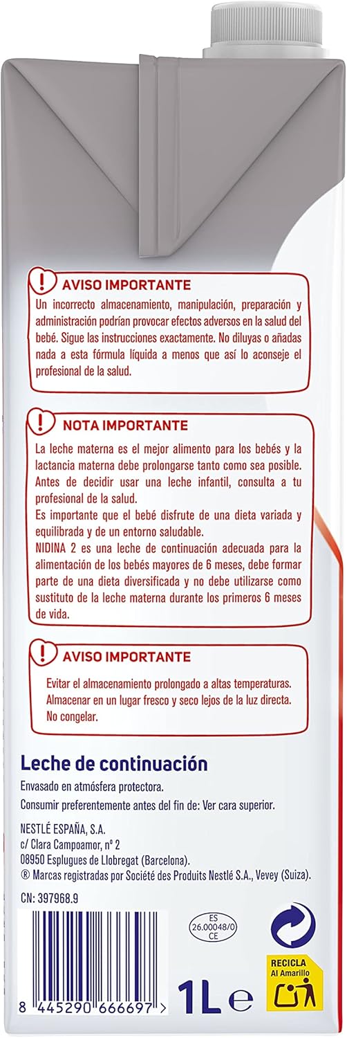 Detalle 2 de Nestlé Nidina 2 Leche de continuación líquida para bebés 4x1L