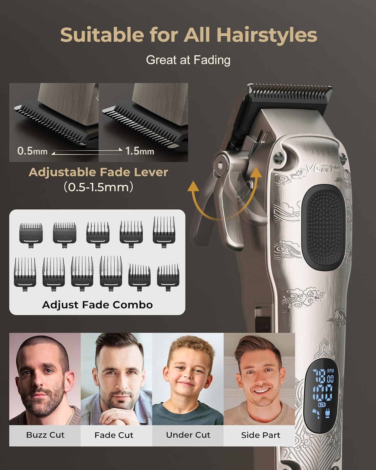 Thumbnail 2 de VGRPRO Hair Clippers Men Professional set with T-blade trimmer (USB rechargeable, silver)