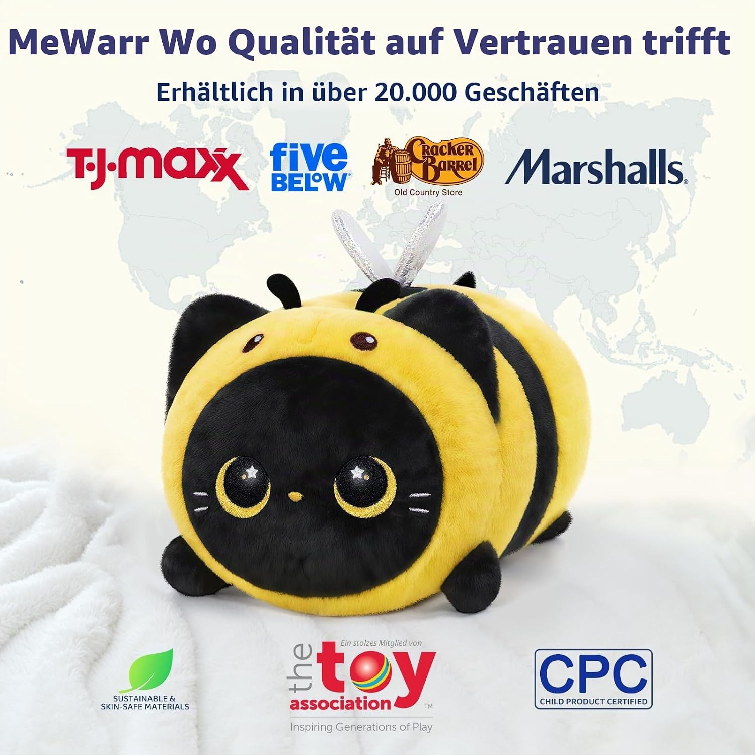 Detalle 2 de Mewaii Schwarze Katze Biene Plüschkissen 40 cm – Kuschel-Kissen aus Elasthan-Stoff und Daunenwatte